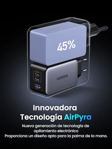 Detalle de UGREEN Nexode 100W: cargador USB-C GaN con 3 puertos para cargar portátil, móvil y tablet al mismo tiempo