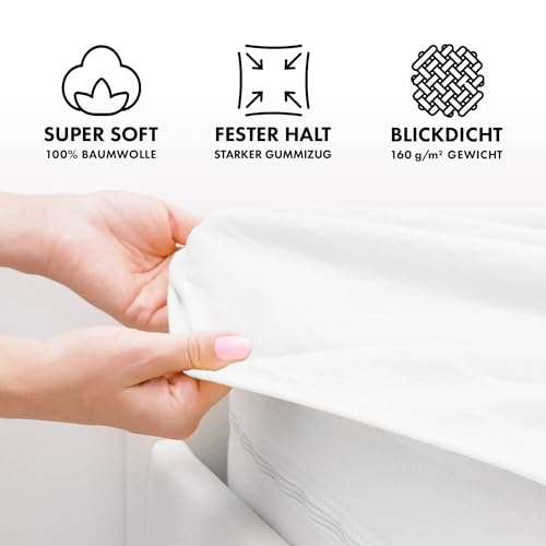 Detalle de Jacobson BASIC Spannbettlaken Jersey Baumwolle 180x200–200x200 cm, Weiss
