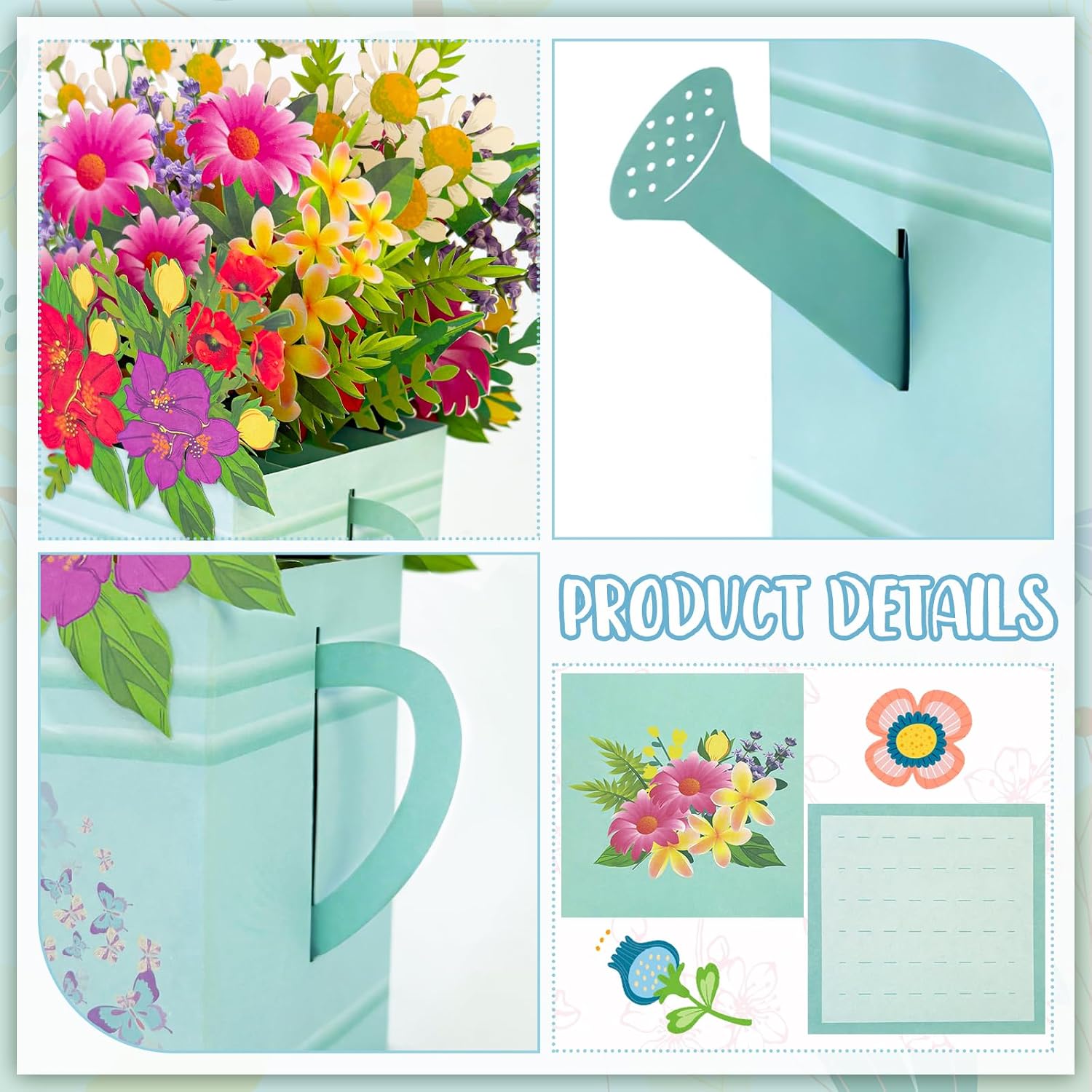 Thumbnail 6 de Hierein Pop Up Birthday Cards for Women: Blue Watering Can Flower Bouquet