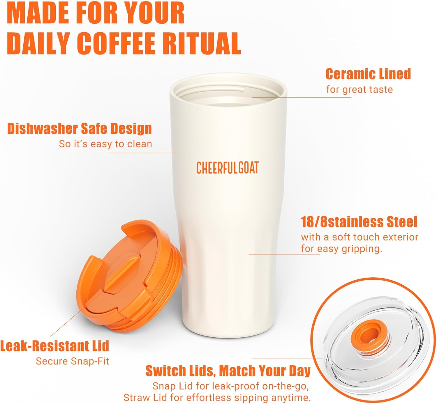 Detalle de CHEERFUL GOAT CFG-Coffee Mug No Handle-21oz Travel Mug, Ceramic Liner, 600 ml, White