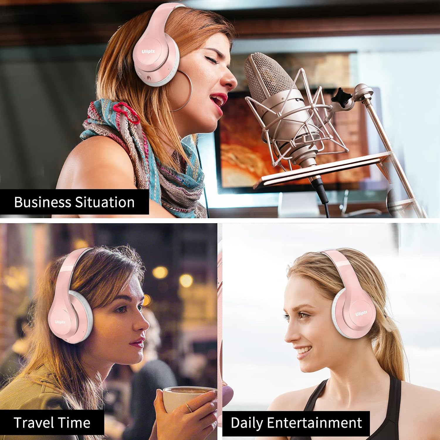 Thumbnail 6 de Uliptz kabellose Bluetooth-Over-Ear-Kopfhörer mit Mikrofon (65 Std. Spielzeit, 6 EQ-Modi, faltbar) – Roségold