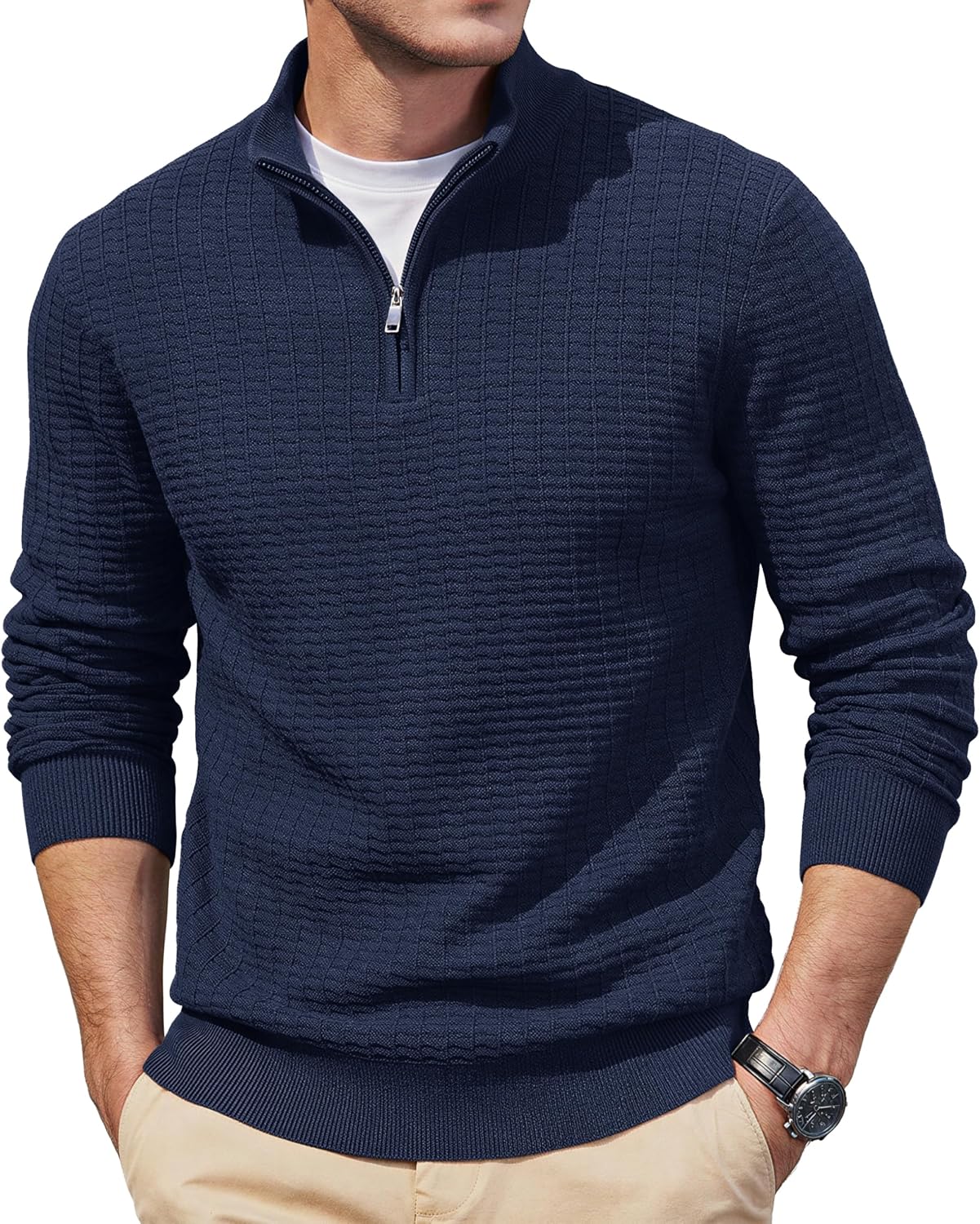 Detalle de TACVASEN Men's Quarter-Zip Sweater, Textured Knit, Mock Neck, Anti-Pilling