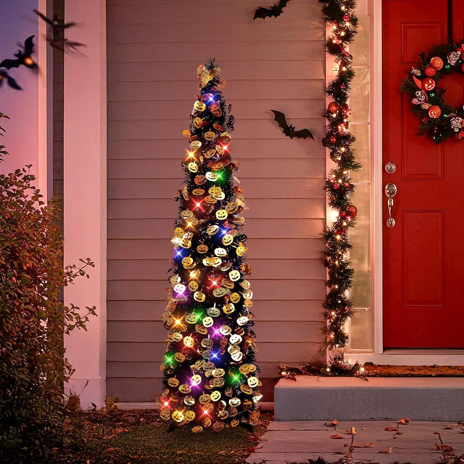 Detalle de N&T NIETING 5-Foot Halloween Tinsel Tree with Pumpkin Accents and Orange LED Lights