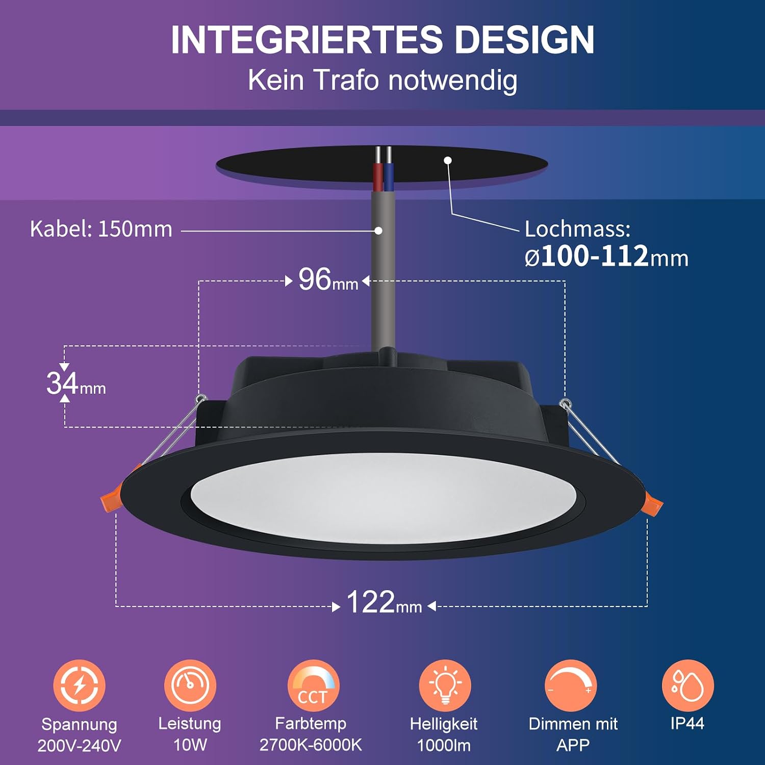 Detalle 2 de DUSKTEC LED Spots 230V 10W Einbaustrahler