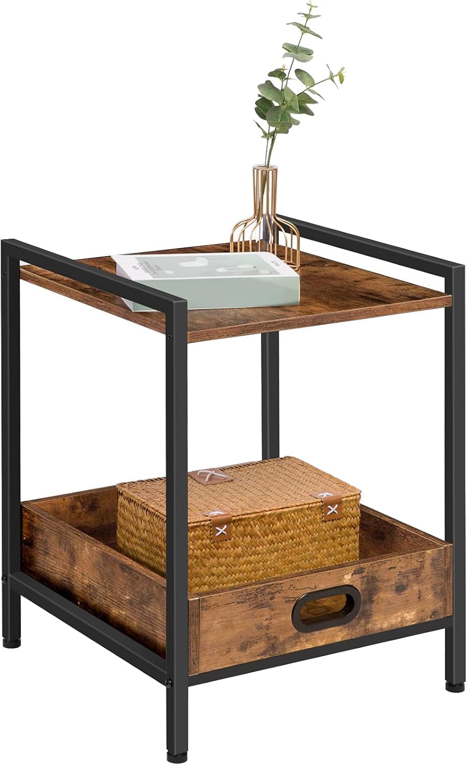 Detalle de HOOBRO Tavolino da Divano con vassoio rimovibile e ripiano, stile industriale marrone vintage EBF45BZ01