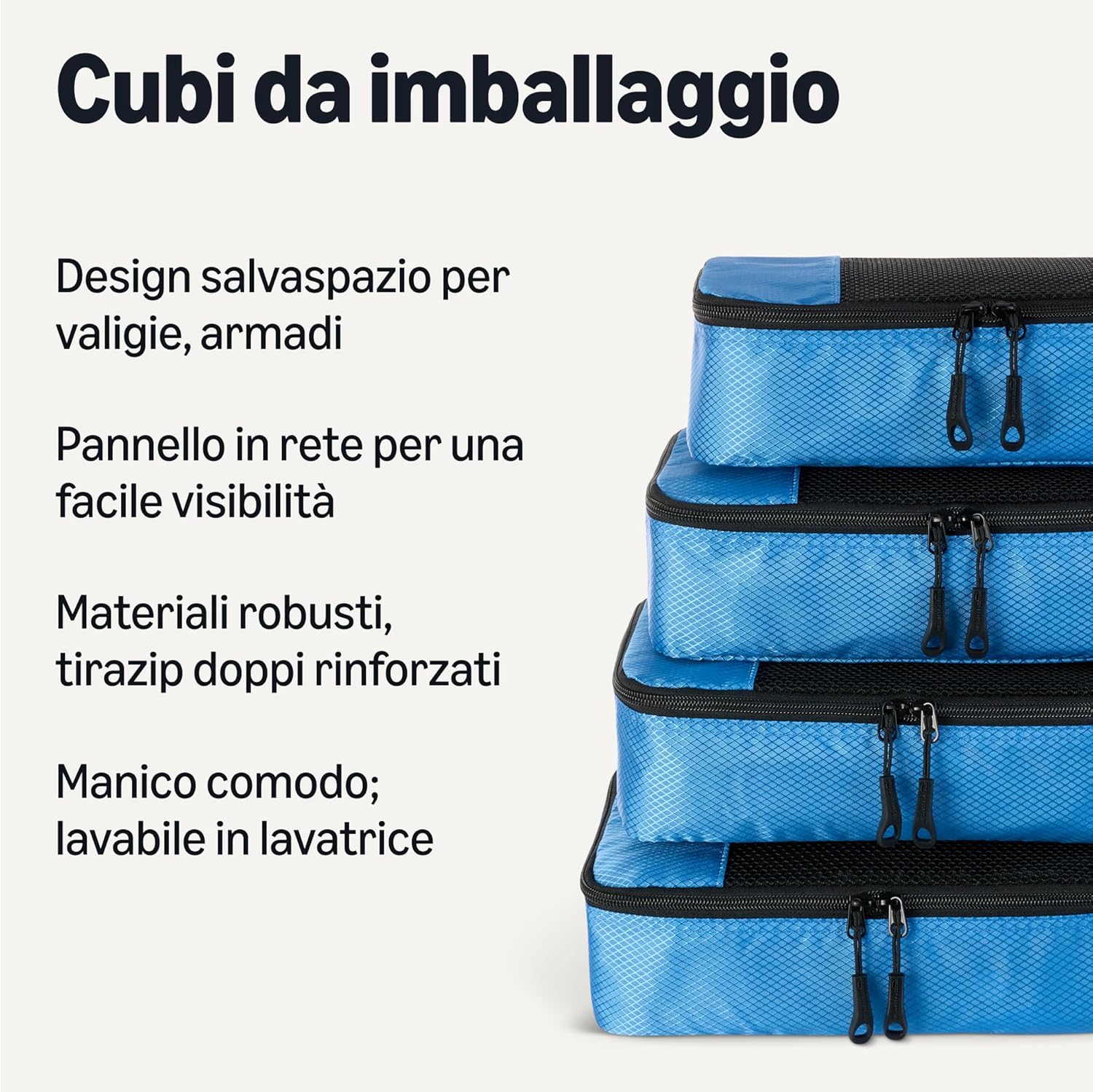 Detalle de Amazon Essentials Set di 4 Packing Cube: organizer da viaggio con rete superiore