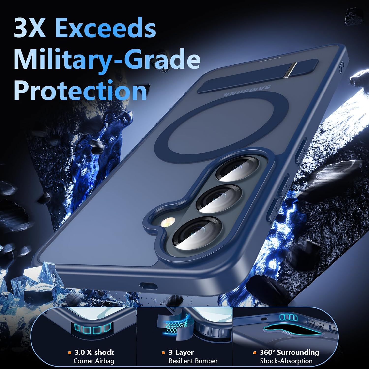 Detalle de Hensinple Samsung S26 Case with Stand and Magnetic Tech – Translucent Matte Blue