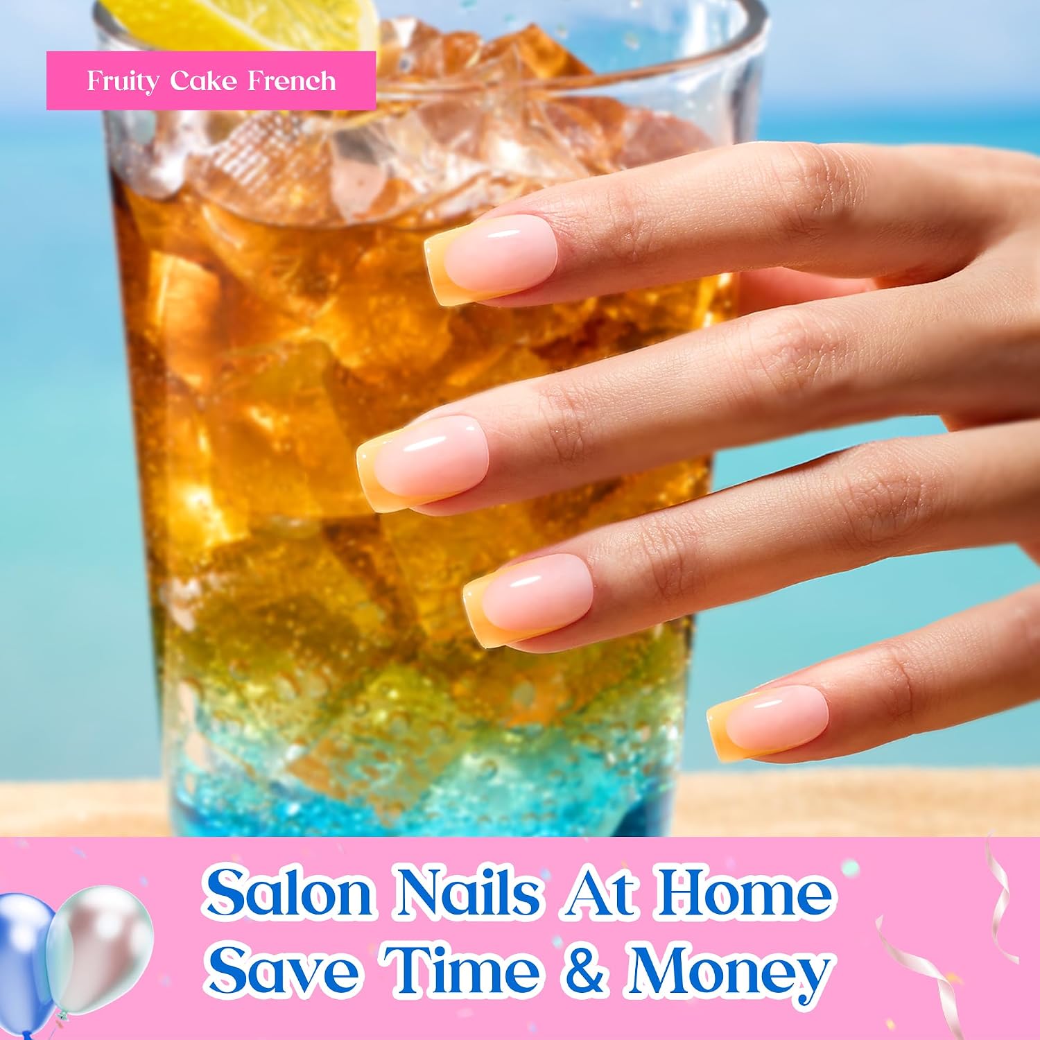 Detalle de Beetles Summer Press On Nails (224 pcs, 7 colors) Short Square French Tip False Nails