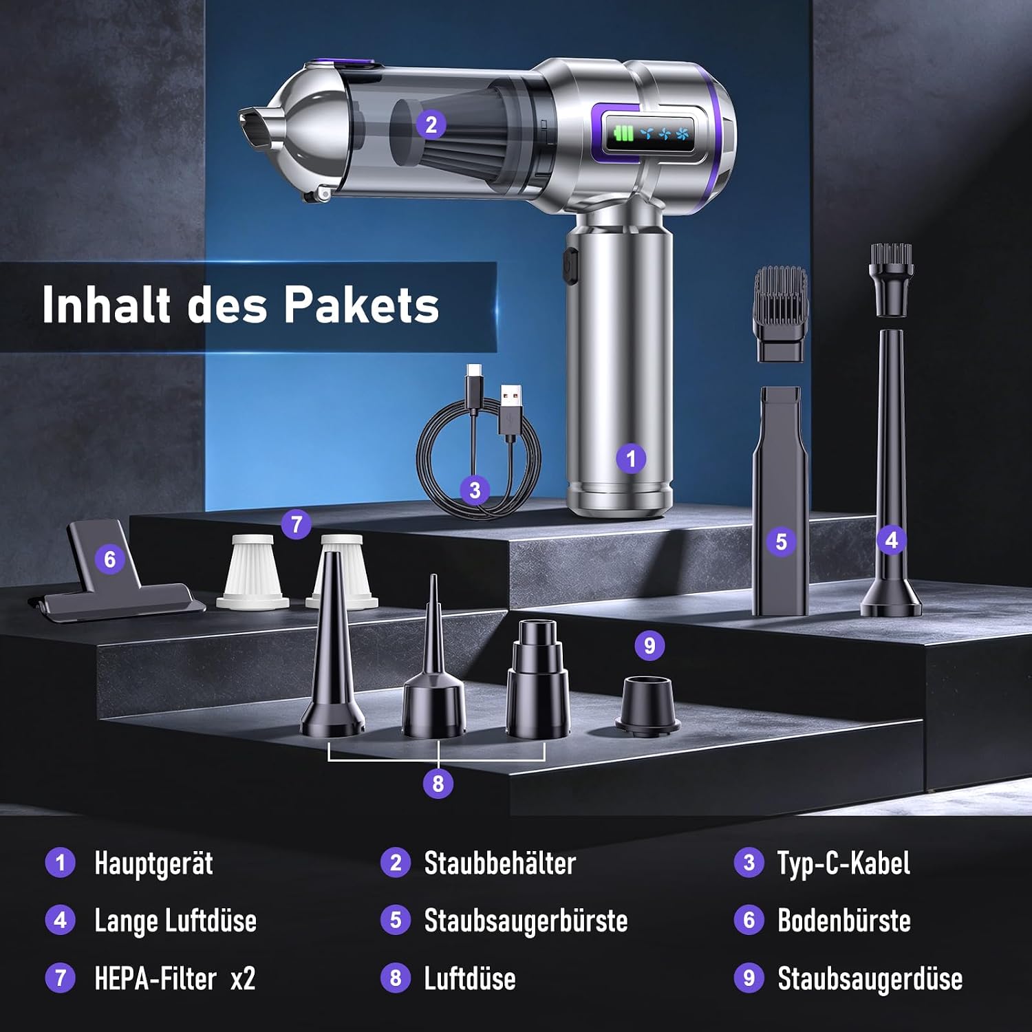 Detalle 2 de botatio Handstaubsauger 25000Pa 4-in-1 mit Display & Selbstentleerung – 3-Stufen Motor, Akku, Silber