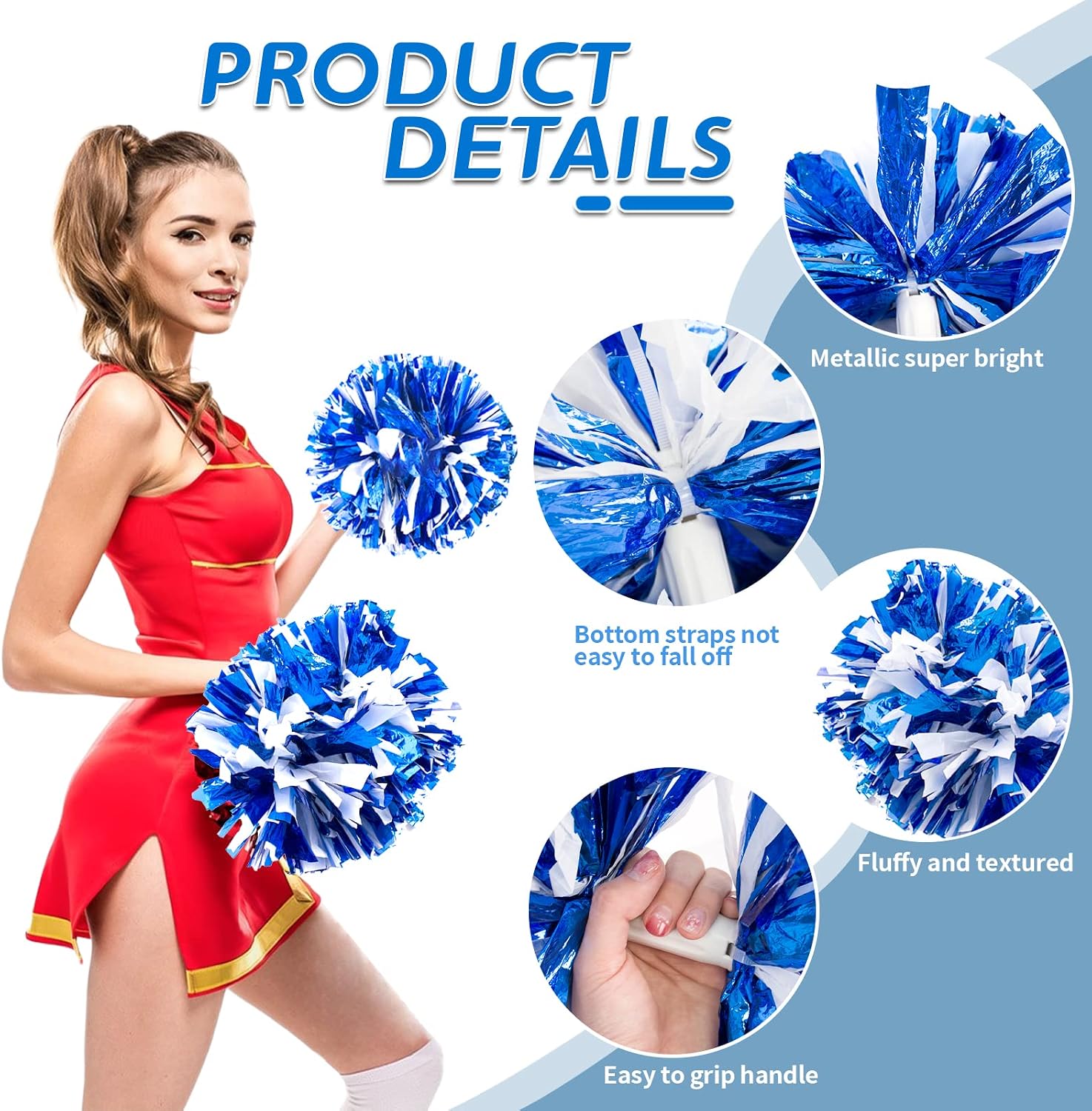 Detalle de CREATIEE-PRO Metallic Cheerleading Pom Poms, 4-Piece Set with Handles