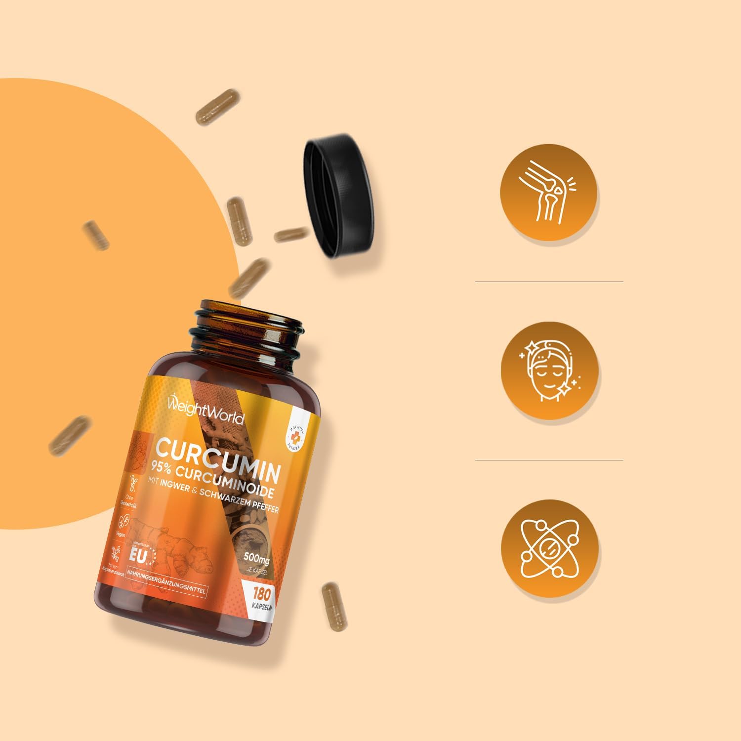 Thumbnail 6 de Curcumin Kapseln 500 mg (50:1) – Kurkuma-Extrakt mit Ingwer & Schwarzem Pfeffer von WeightWorld, 180 Kapseln