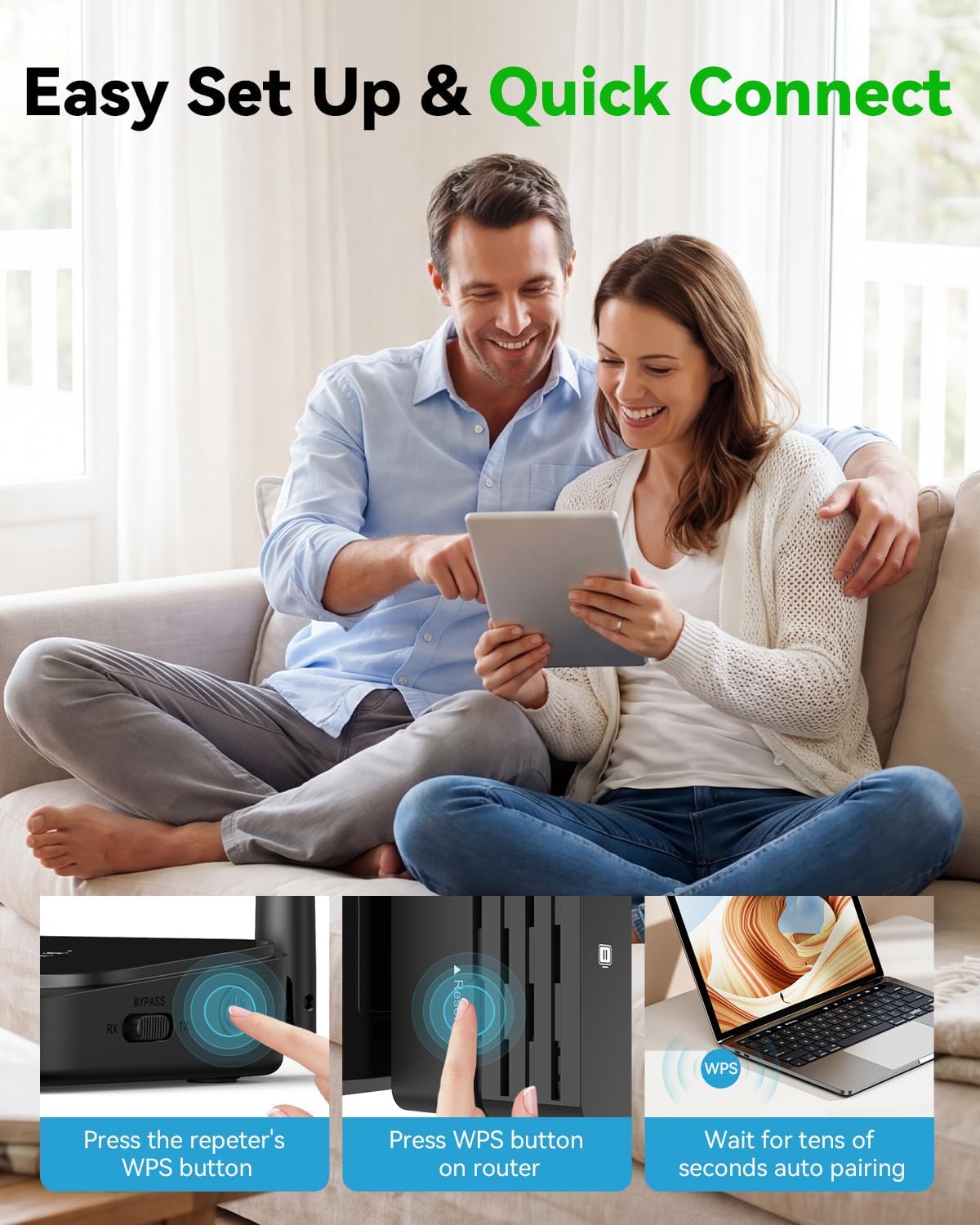 Detalle de WiFi Extender Signal Booster with Strong Coverage — 1200Mbps Dual Band, 12880 Sq.Ft Range, 105-Device Support