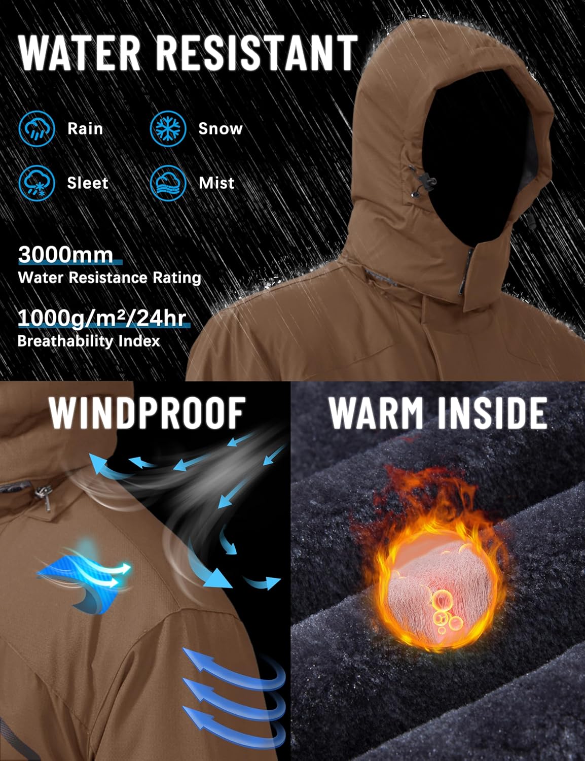 Thumbnail 1 de TACVASEN Men’s Winter Skiing Jacket with Hood, Water-Resistant Fleece Insulation