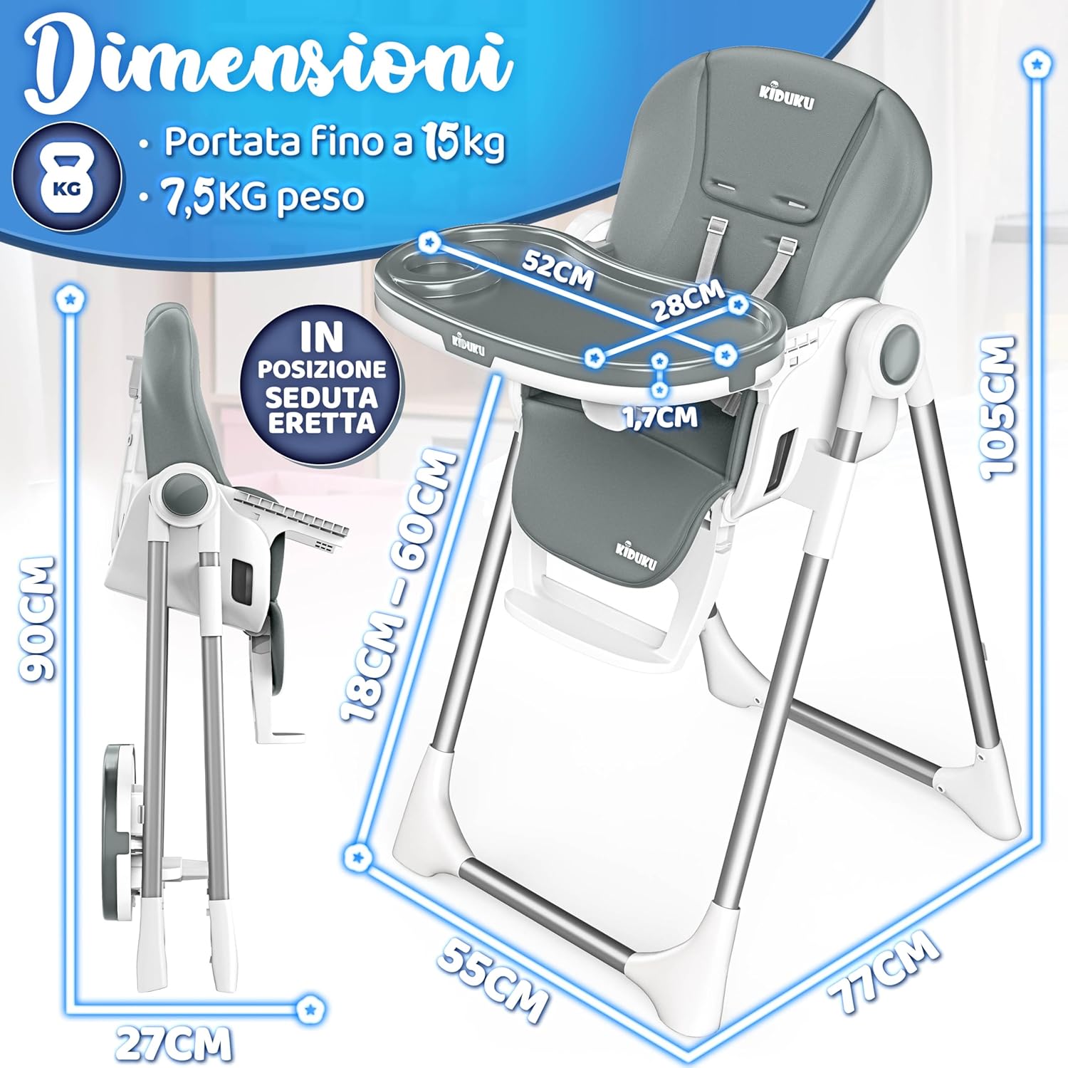 Thumbnail 2 de KIDUKU Seggiolone Pappa Neonato 3 in 1 con riduttore e bavaglino, pieghevole, regolabile 7 livelli (grigio chiaro)