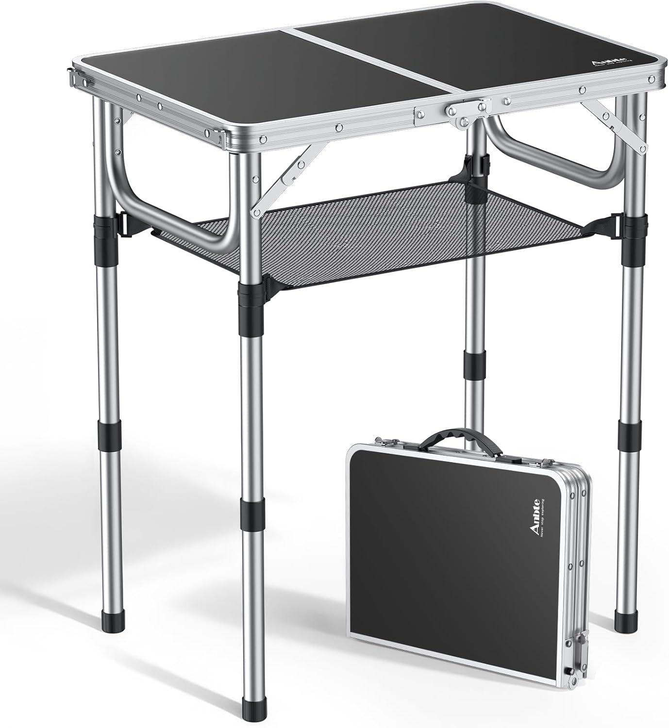 Detalle de Anbte Folding Camping Table with Storage Net (3 adjustable heights) – black, portable outdoor picnic table