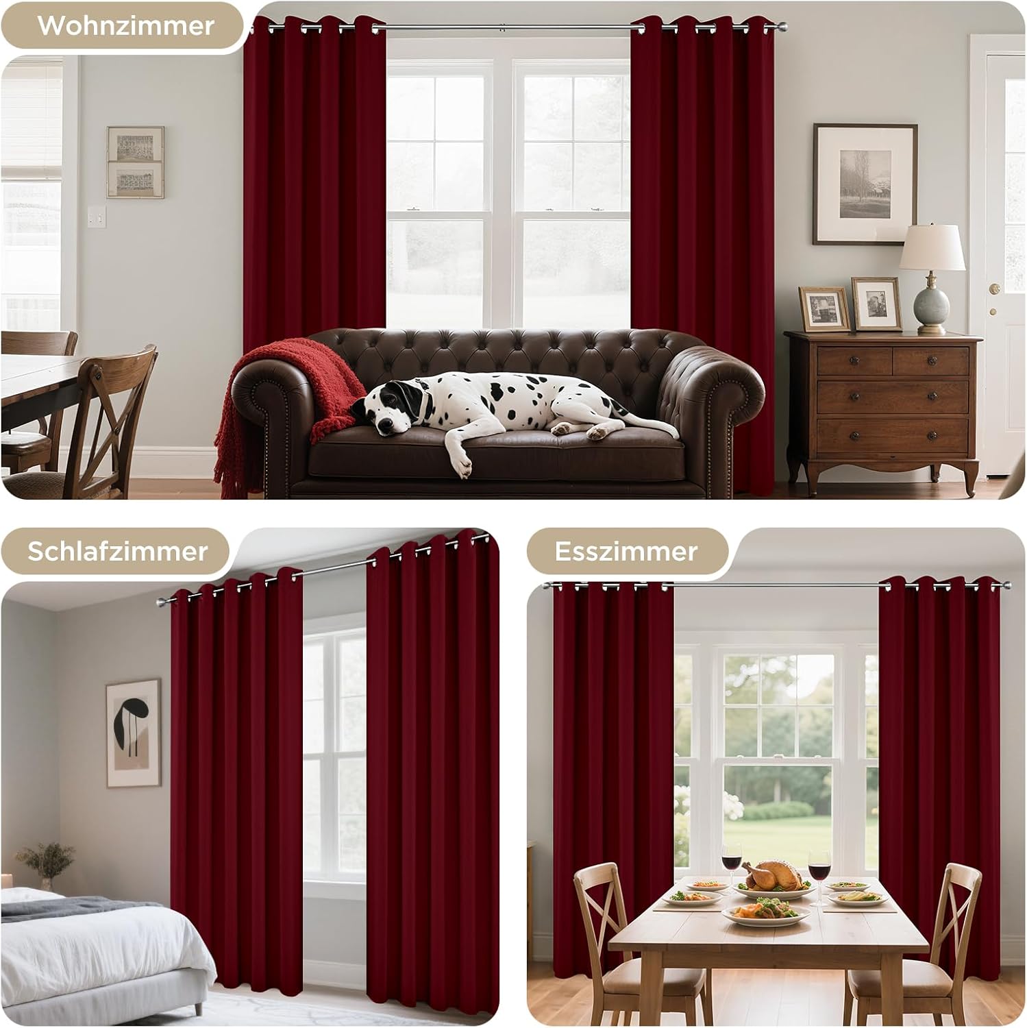 Thumbnail 3 de Joydeco blickdichte Verdunkelungsvorhänge mit Ösen (2 Stück) – Burgunderrot, H 245 x B 140