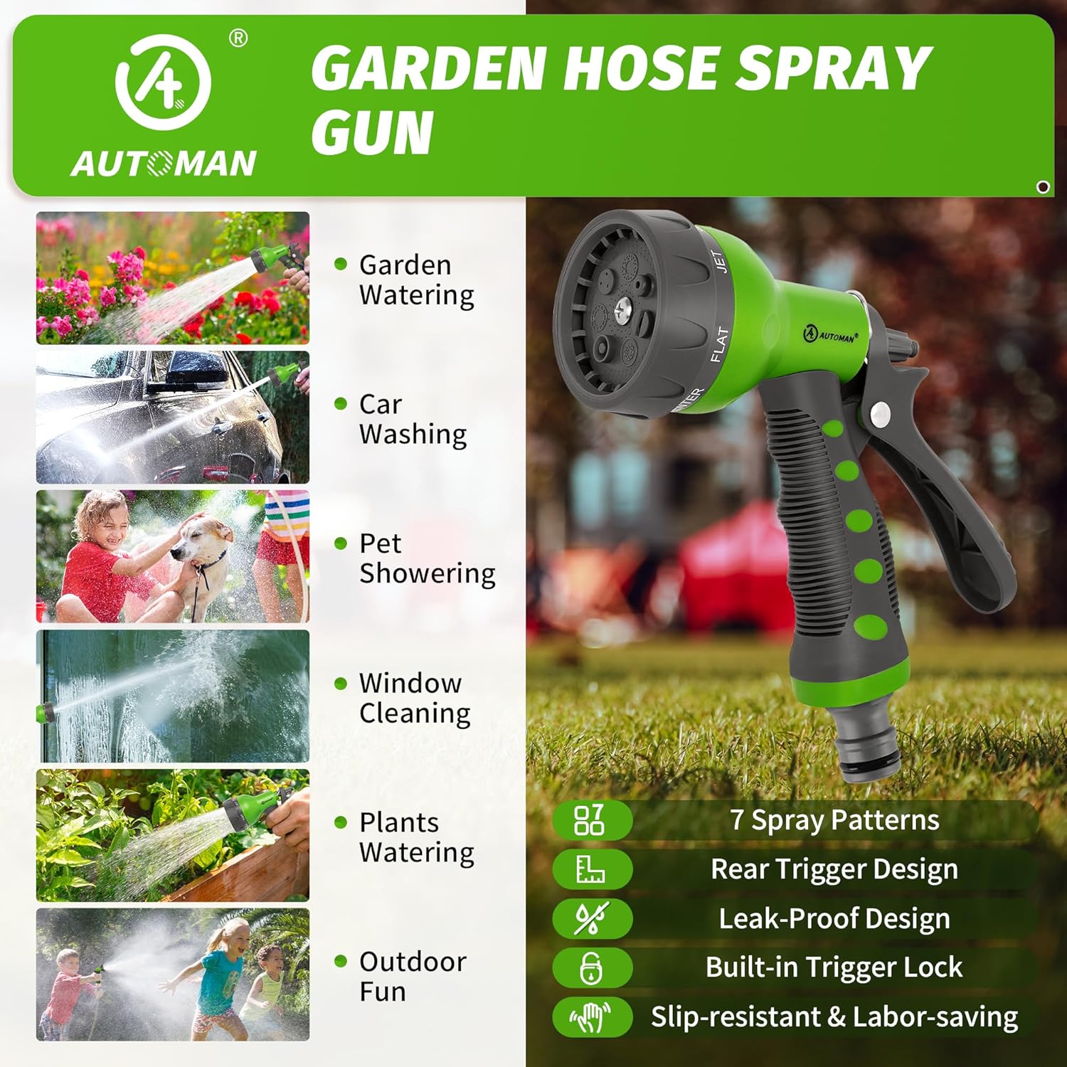 Thumbnail 5 de AUTOMAN 7-Pattern Garden Hose Spray Gun (Green)