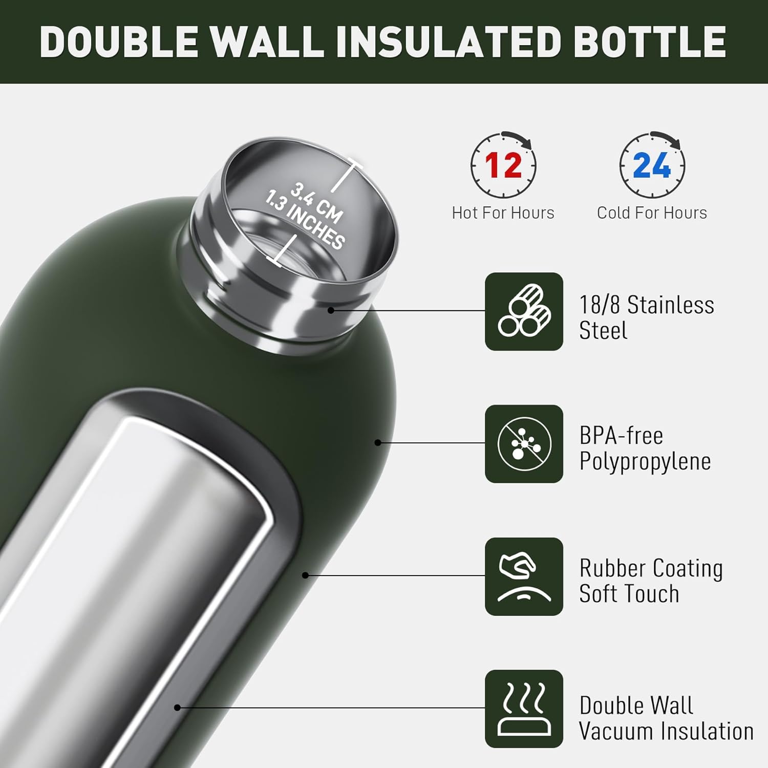 Thumbnail 3 de Exllena 350ml Small Water Bottle with Carry Handle - Vacuum Insulated, BPA Free (Pine Green)