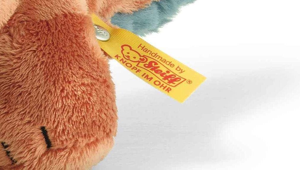 Detalle 1 de Steiff 087837 Bronko Brontosaurus Soft Toy, 28 cm Plush in Dark Orange and Petrol