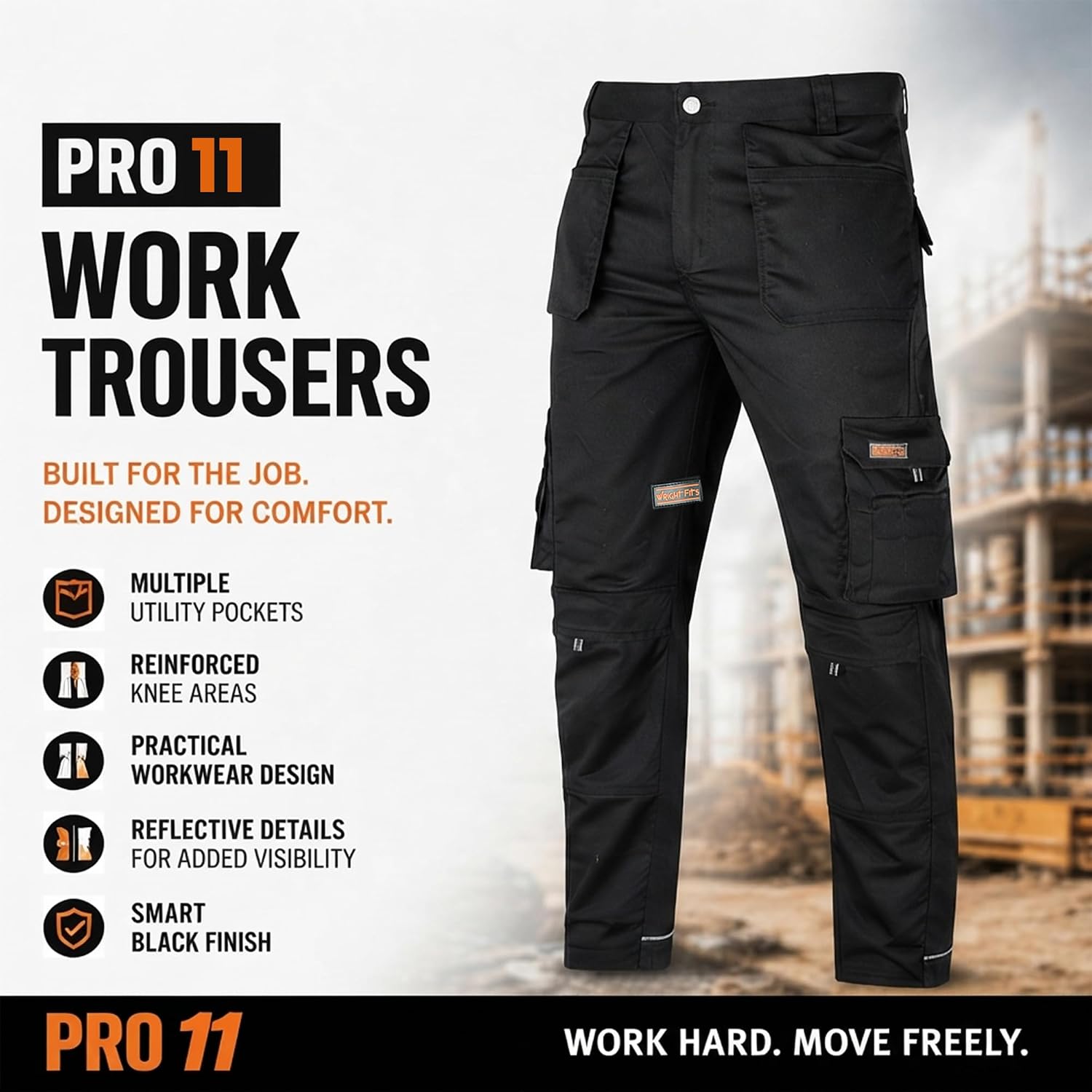 Thumbnail 3 de WrightFits Wright Wears Pro-11 Heavy Duty Work Cargo Trousers (32W/31L) in Black