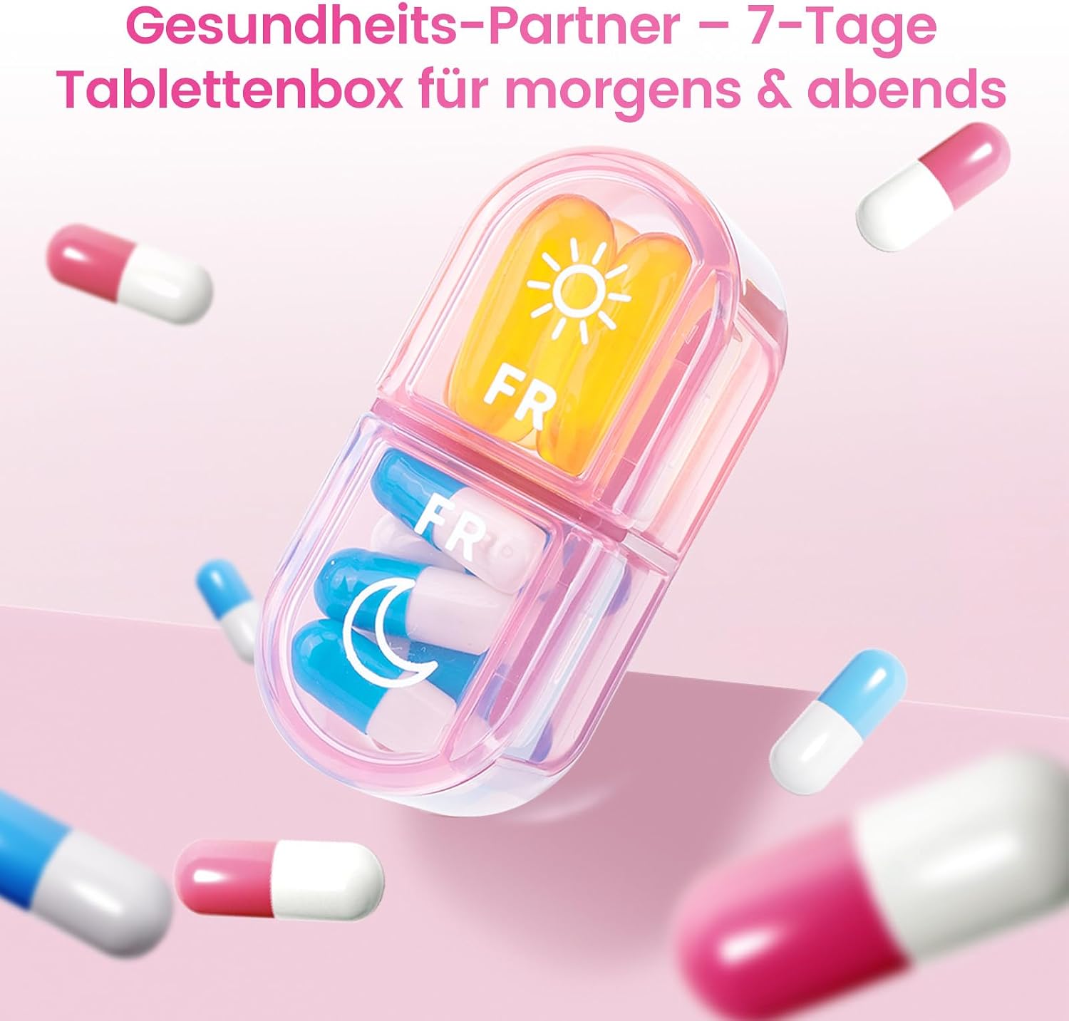 Detalle de Daviky Pillendose 7 Tage – kompakte Wochenbox für Morgens & Abends, BPA-frei, lichtundurchlässig, 180° Deckel