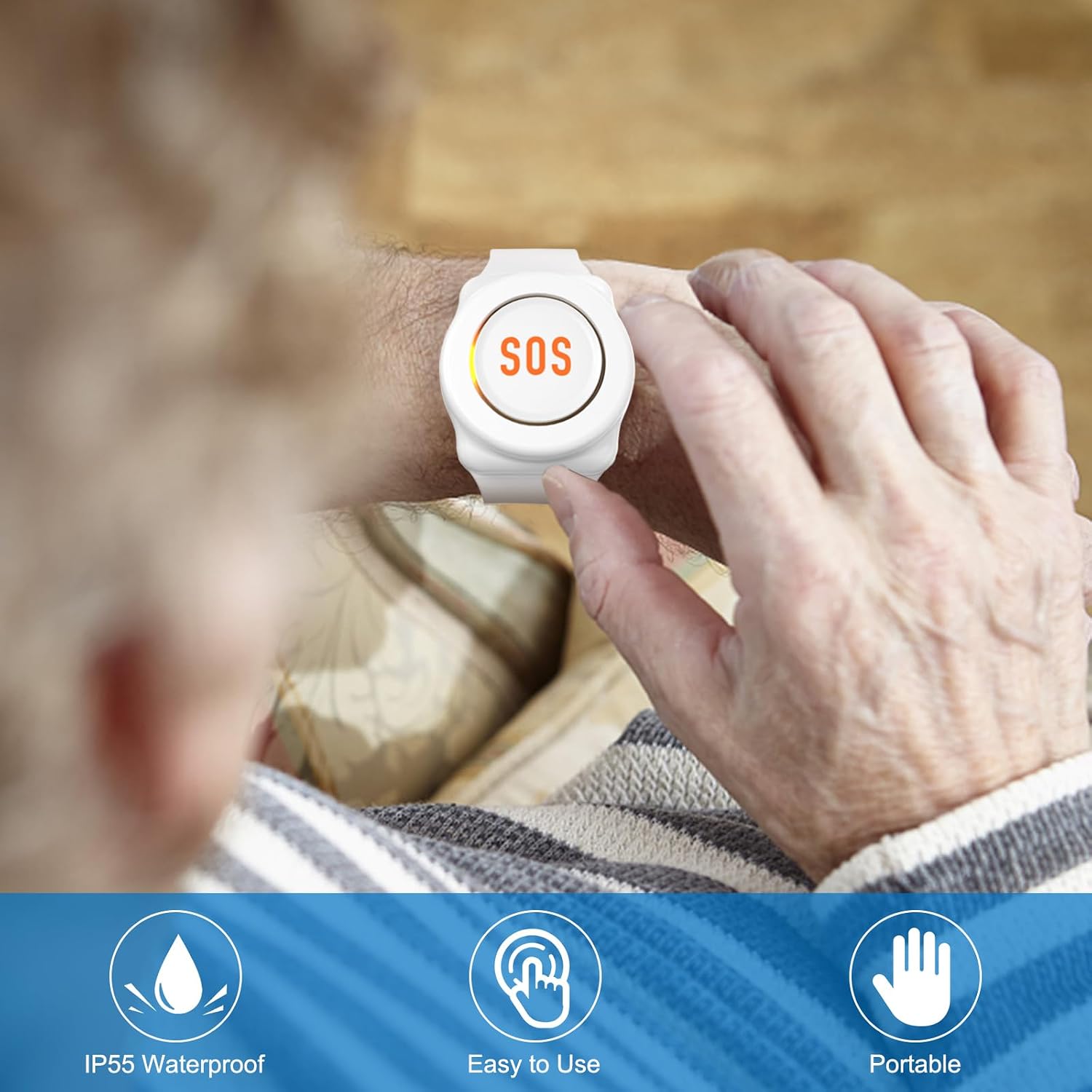 Detalle de Daytech Caregiver Pager Call Button with Wrist Button, 110 dB Receiver and 70 m Range