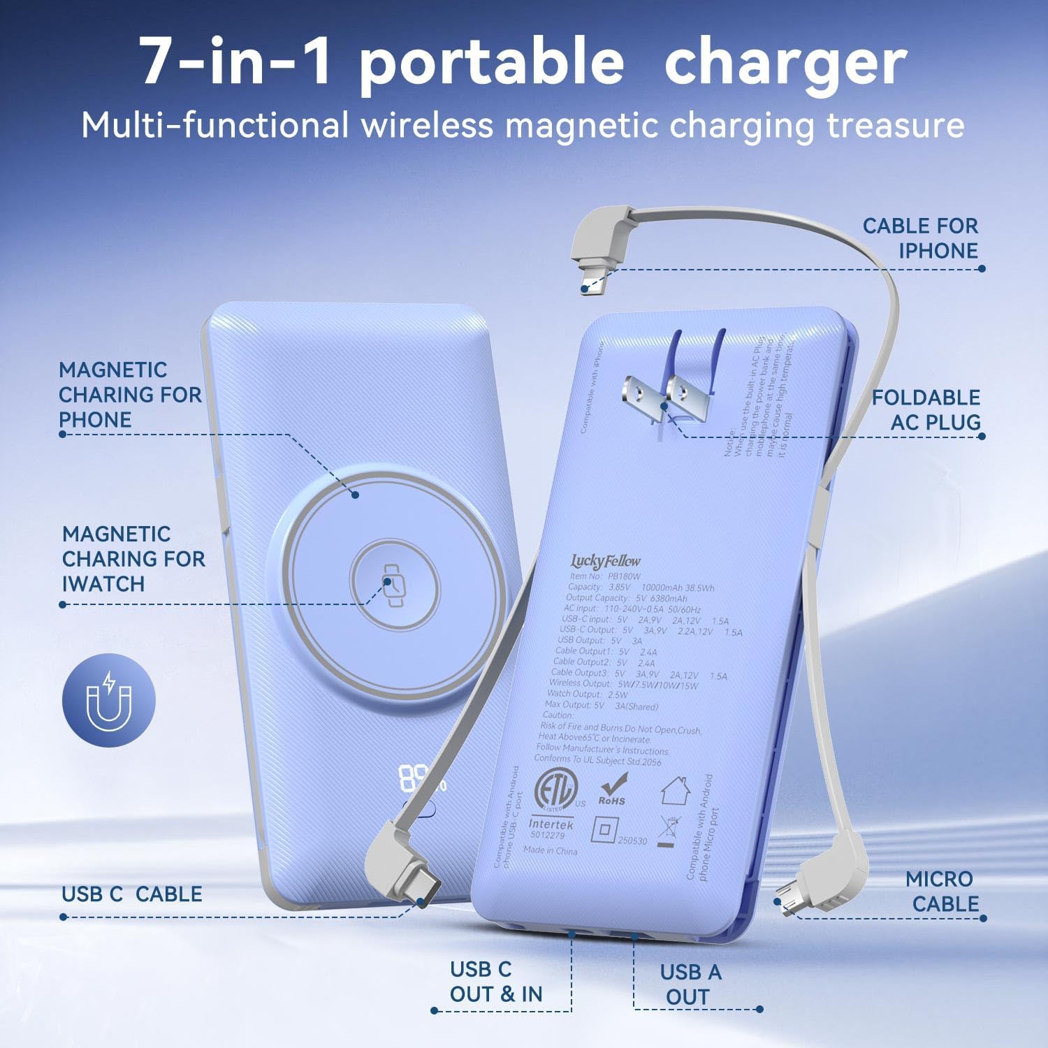 Detalle de LUCKYFELLOW PB180W 10,000mAh Wireless Power Bank with Built-In Cables