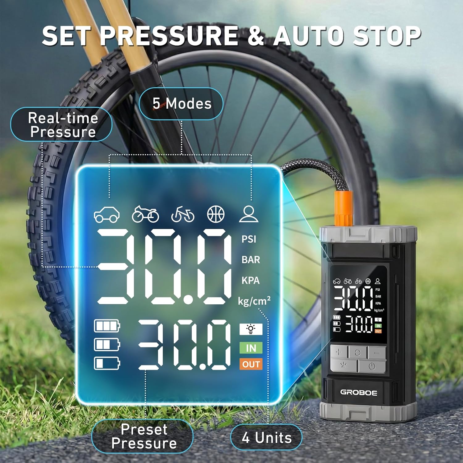 Thumbnail 6 de GROBOE Tyre Inflator Air Compressor: Portable 12V Cordless with Digital Gauge
