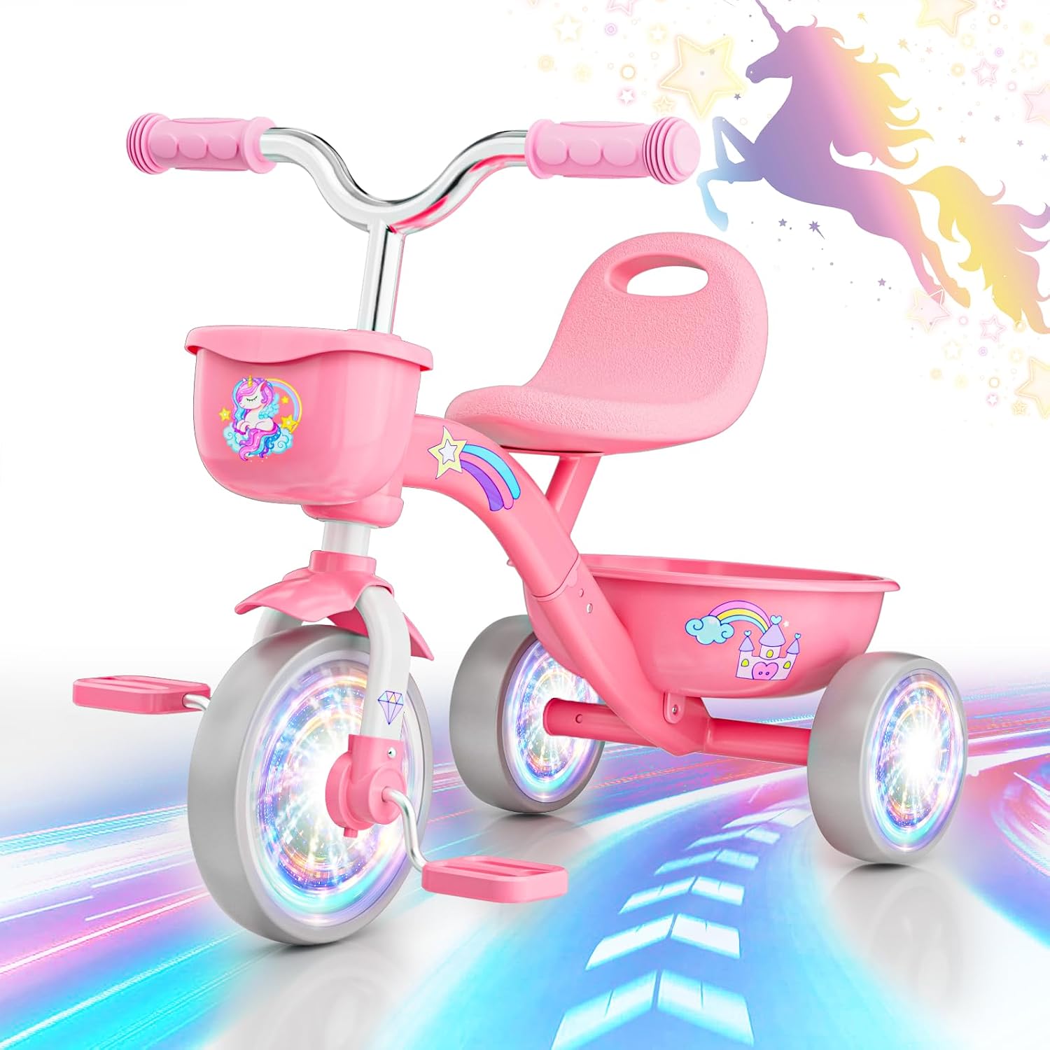 Detalle de HappyGoLucky Unicorn Tricycle with Lighting Wheels, Adjustable Seat & Removable Pedals (2–5 Year Olds)