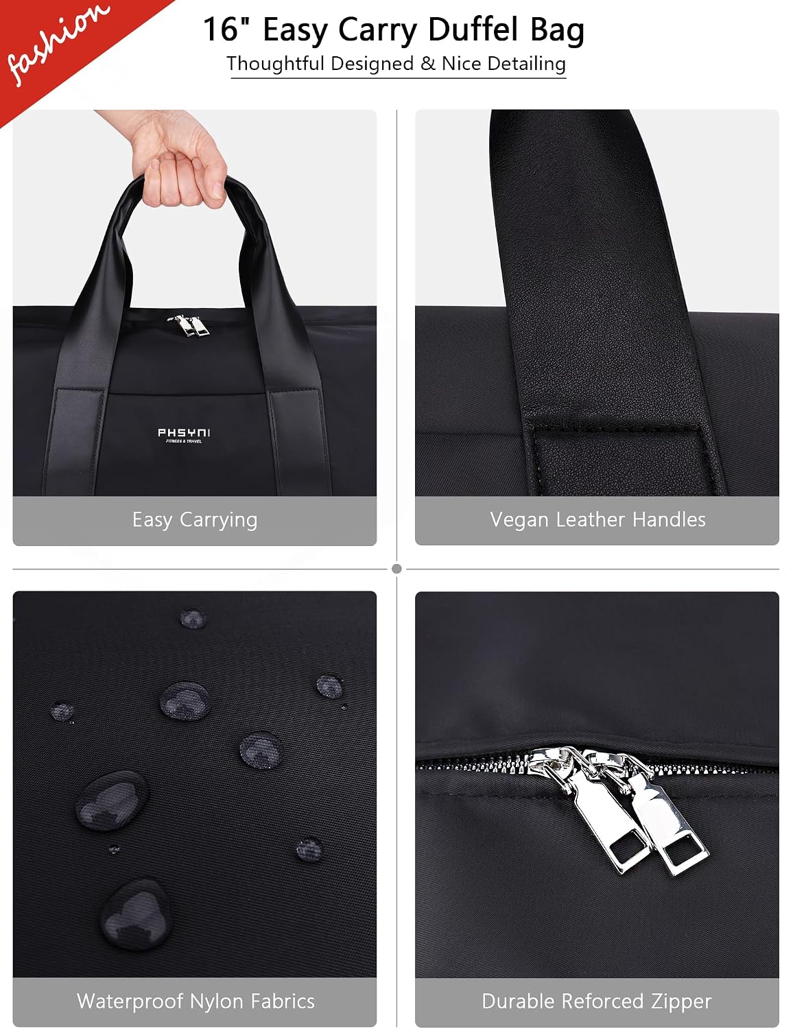 Thumbnail 2 de Small Gym Bag for Boys/Kids and Women — 16" PU Leather Handle Duffle with Shoes Compartment & Waterproof Pocket
