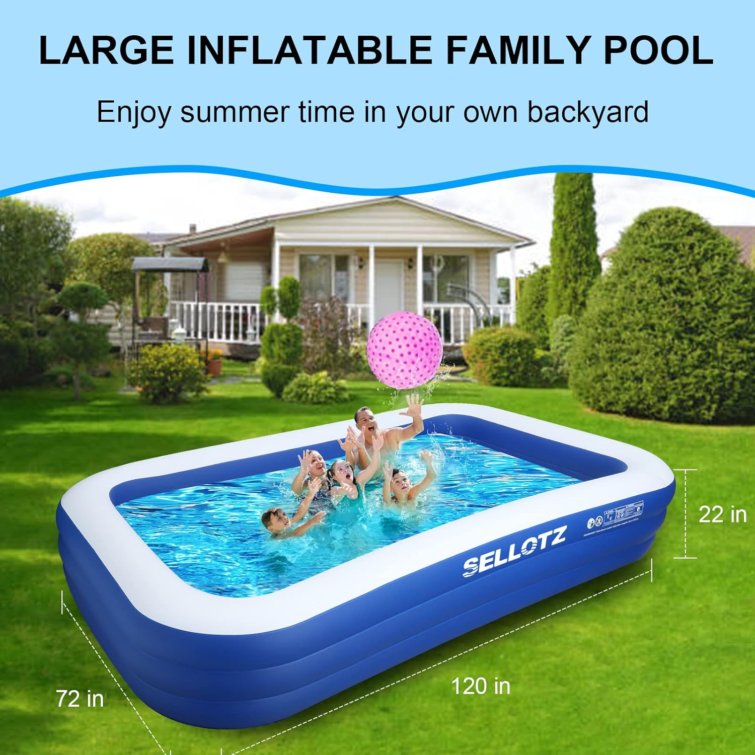 Detalle de SELLOTZ 120 x 72 x 22-Inch Inflatable Pool for Kids and Adults