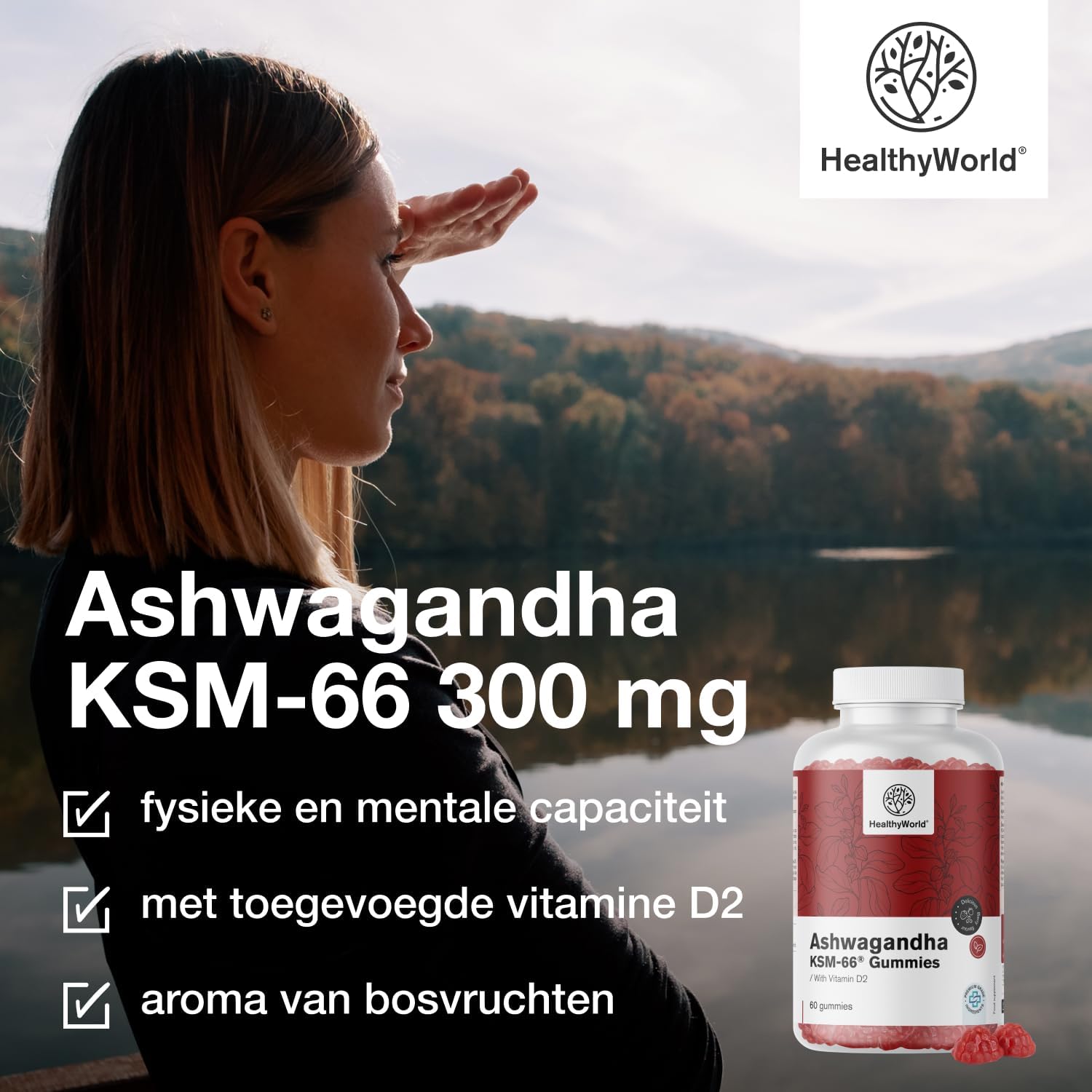 Detalle de HealthyWorld Ashwaganda KSM-66® 300 mg gummies met vitamine D2 en bosvruchtensmaak
