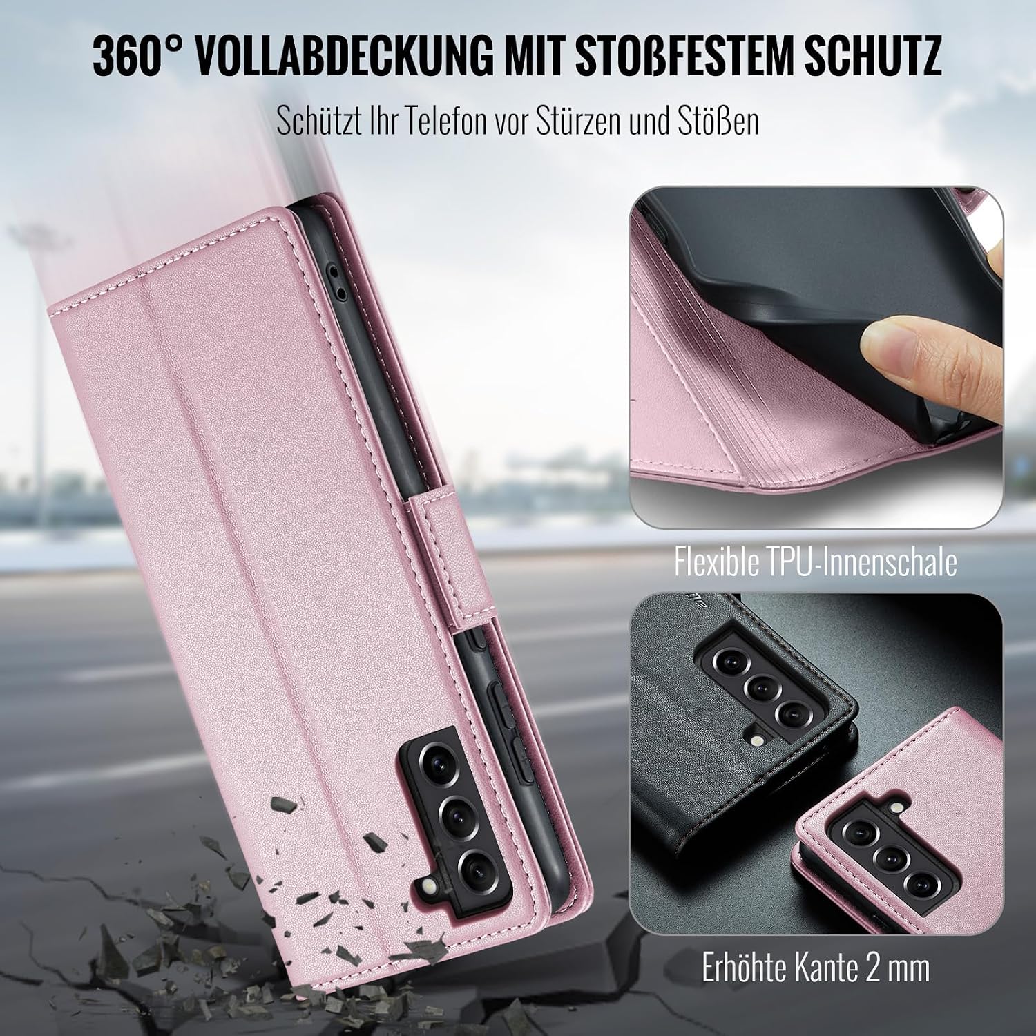 Detalle de Phernykas Handyhülle Samsung S21 – Leder-Wallet mit Kartenfach, Standfunktion und RFID-Schutz (Golden)