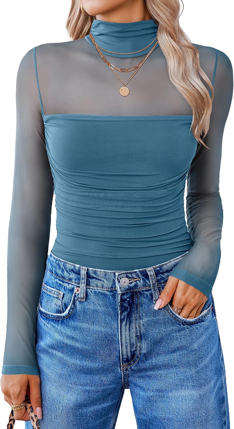Detalle de Avidlove Long Sleeve Turtle-Neck Mesh Bodysuit for Going-Out Looks
