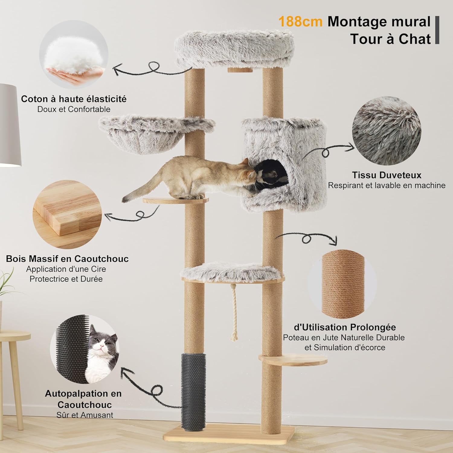 Thumbnail 1 de FUKUMARU Arbre à chat mural de 188 cm en bois de caoutchouc massif, multi-niveaux avec griffoir et panier suspendu