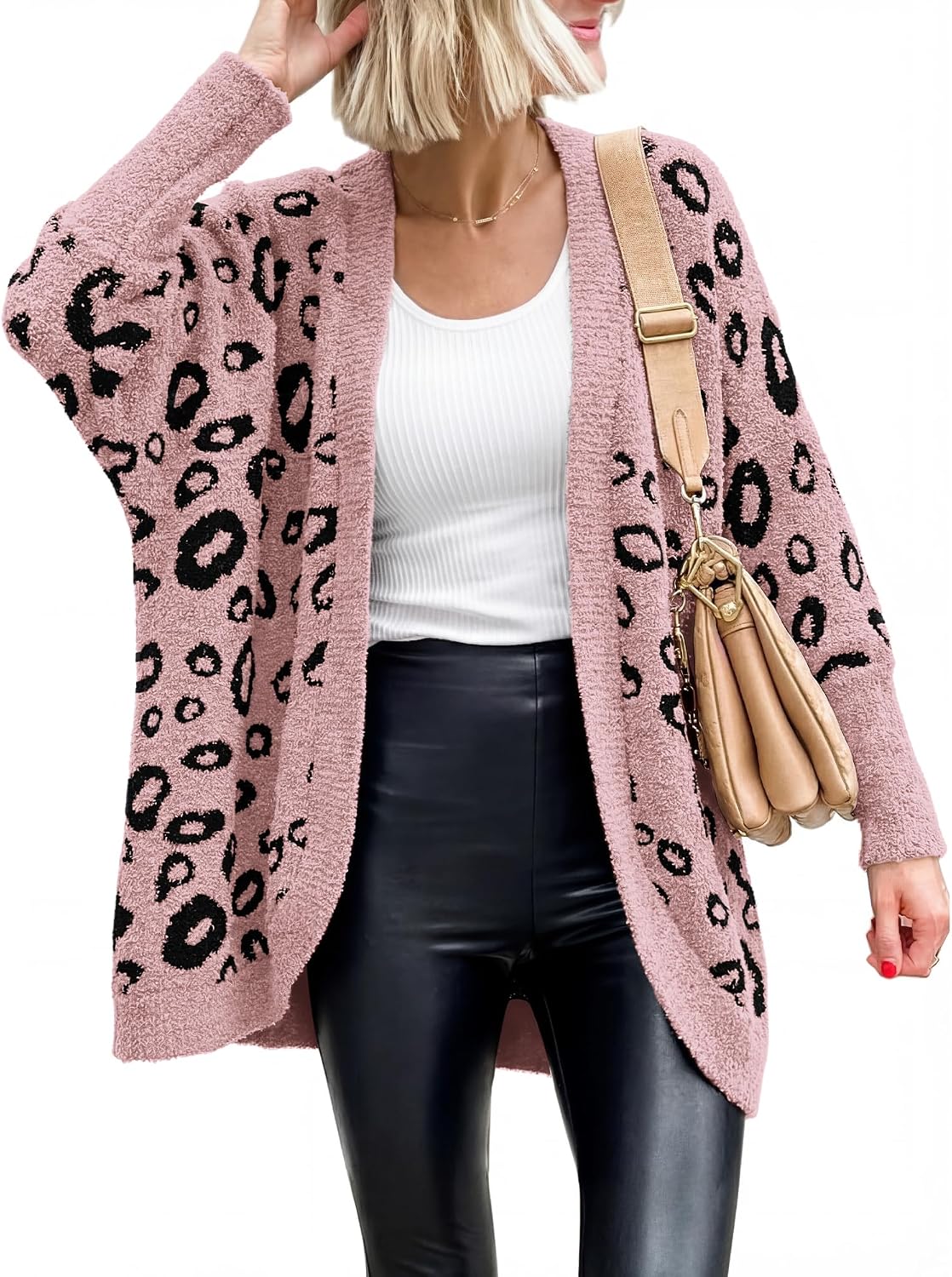 Detalle de BTFBM BT368 Leopard-Print Women's Cardigan, Batwing Sleeves, Loose Knit