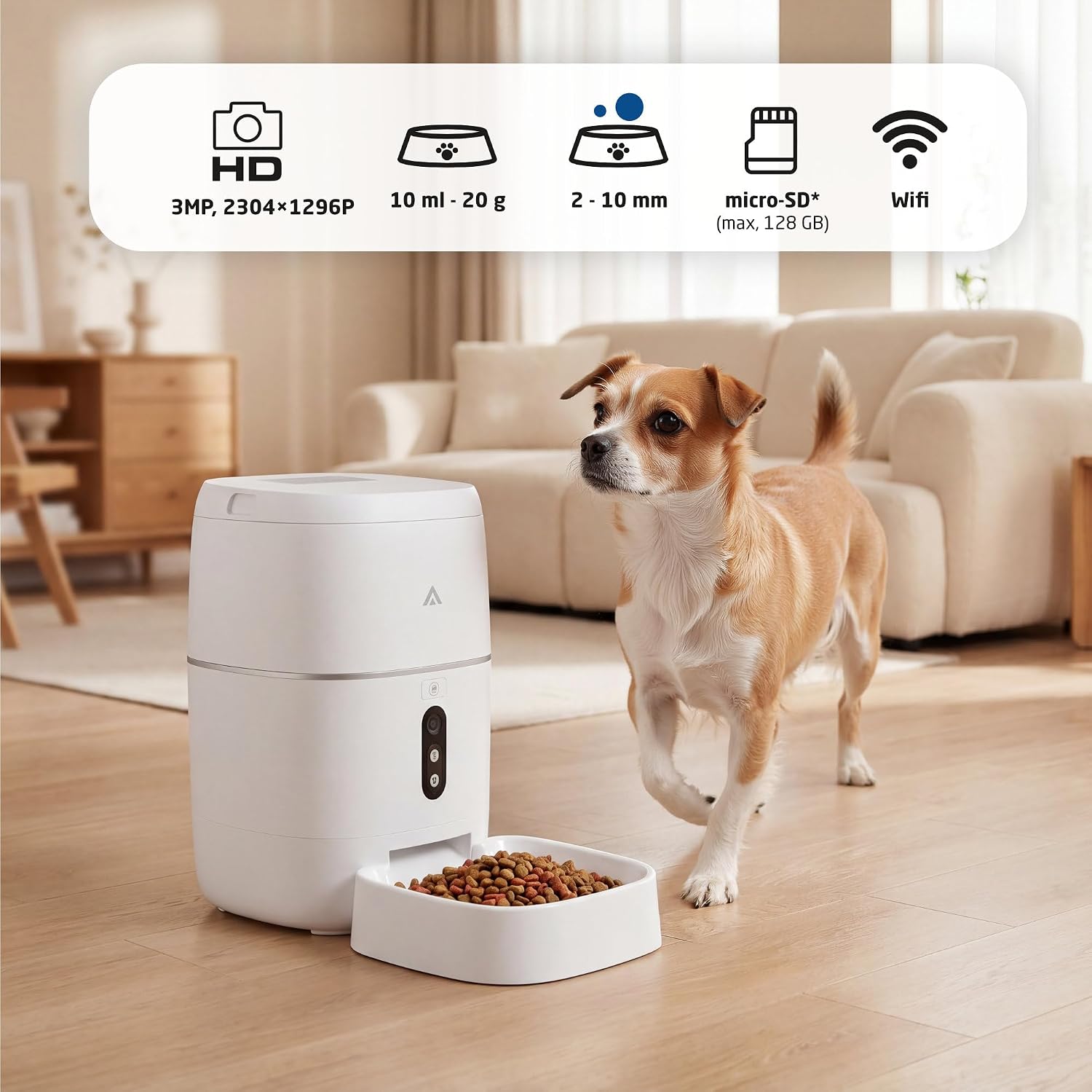 Detalle de TAISSU PF-BL6 Distributore Automatico da 6 Litri con Telecamera 3MP, Wi‑Fi e App – Programmazione pasti, audio bidirezionale e visione notturna