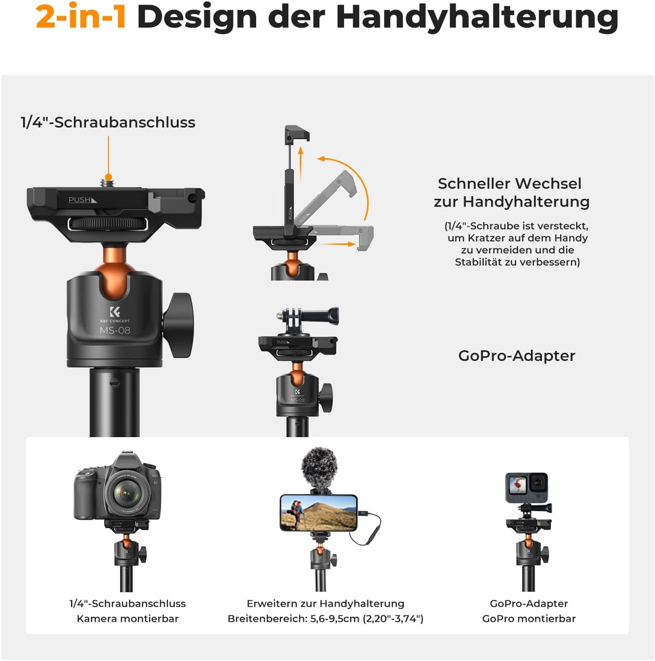 Detalle de K&F CONCEPT MS08 Selfie Stick 158 cm