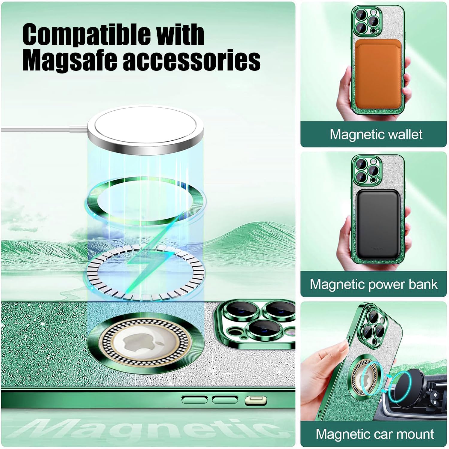 Detalle de Misscase for iPhone 15 Pro Max Magnetic Case with Glitter and Camera Lens Protector