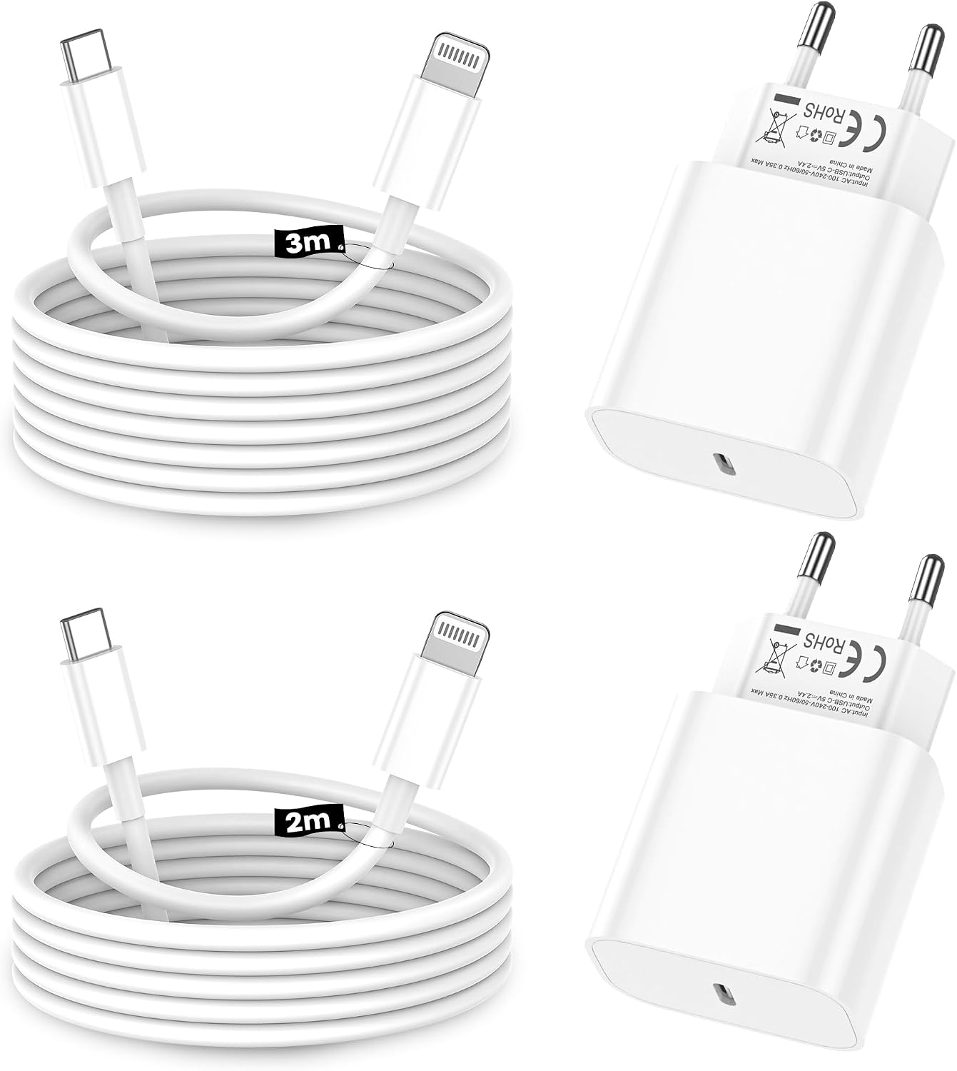 Detalle de Chargeur iPhone 20W en duo avec câbles Lightning 2 m & 3 m certifiés MFi – Ailawuu