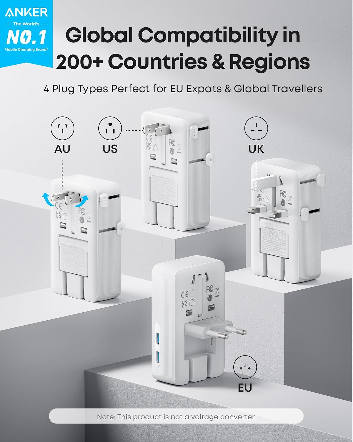 Detalle de Anker Universal Travel Adapter 5-in-1 for UK/EU/US/AU – 20W USB-C, 4 USB Ports, Compact Plug Converter