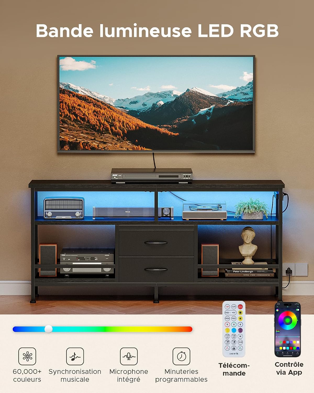 Thumbnail 4 de CO-Z Meuble TV 140 cm — Éclairage LED, hub USB et étagères ouvertes