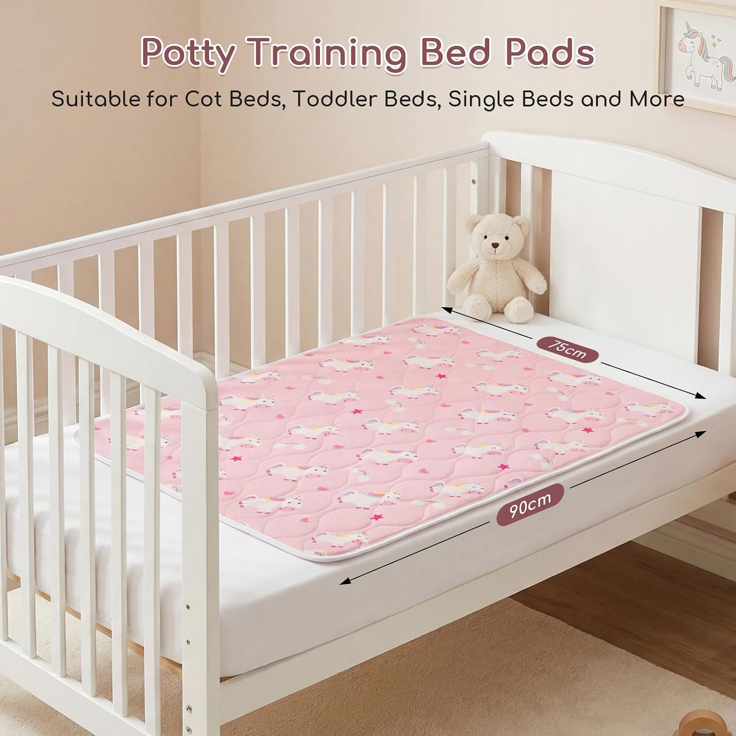Detalle de Yukkidds 2 Pack Potty Training Bed Pads (75 x 90 cm, Pink Unicorn)
