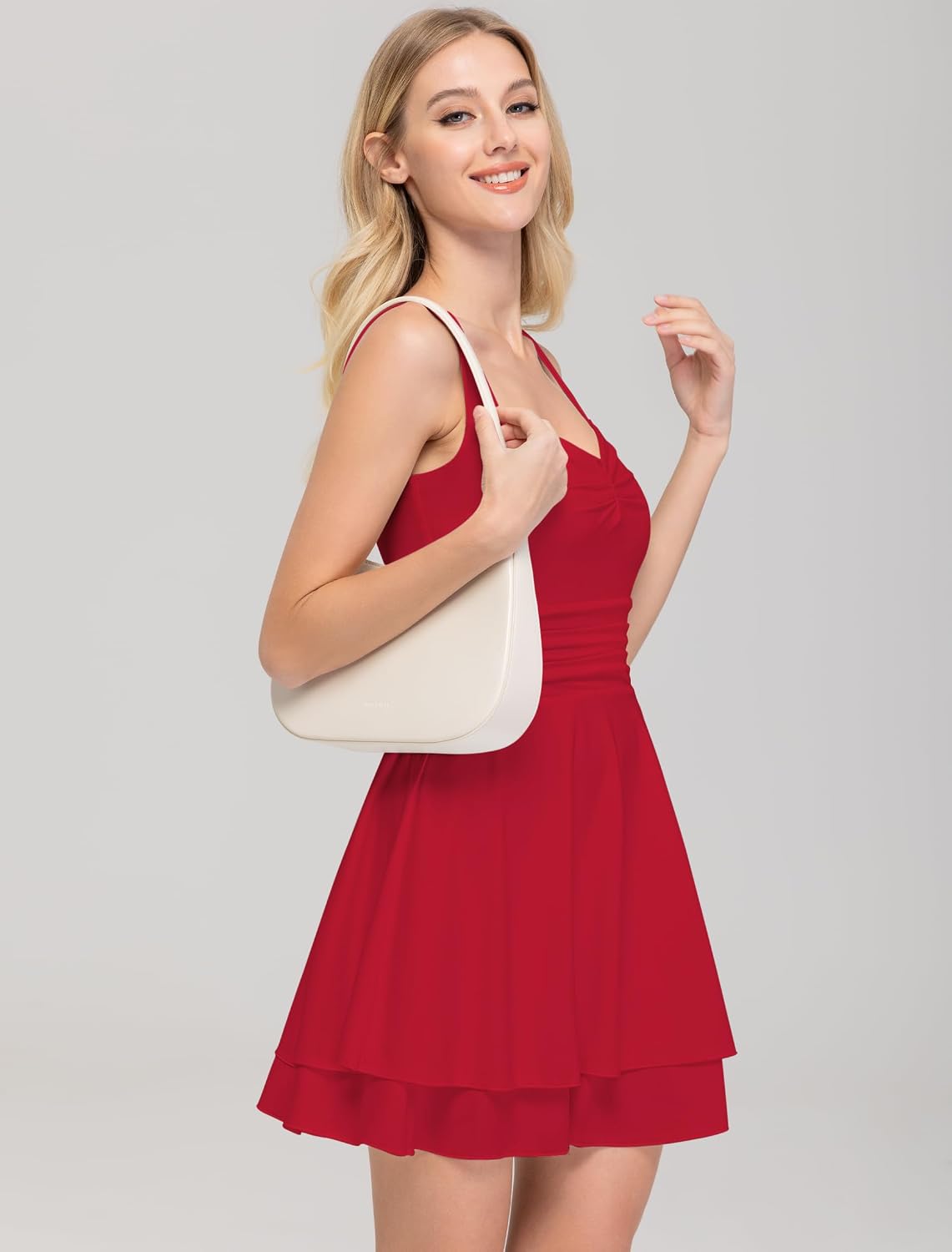 Detalle de IWD Women's Square Neck Sleeveless Mini Dress with Ruched Waist and Tiered Ruffle Hem