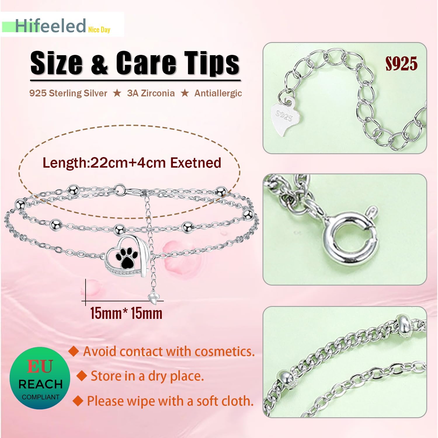 Thumbnail 5 de Hifeeled Fußkettchen Silber 925 – Doppelketten mit Pfotenanhänger, verstellbar 22 cm + 4 cm