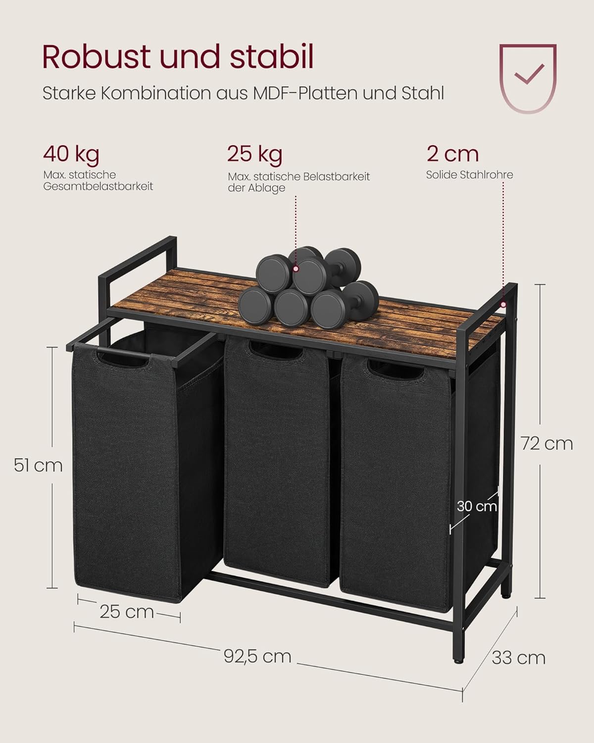 Thumbnail 4 de VASAGLE Wäschekorb BLH301B01 – 3 Fächer, Ablage und herausnehmbarer Wäschesack (120 L Gesamt)