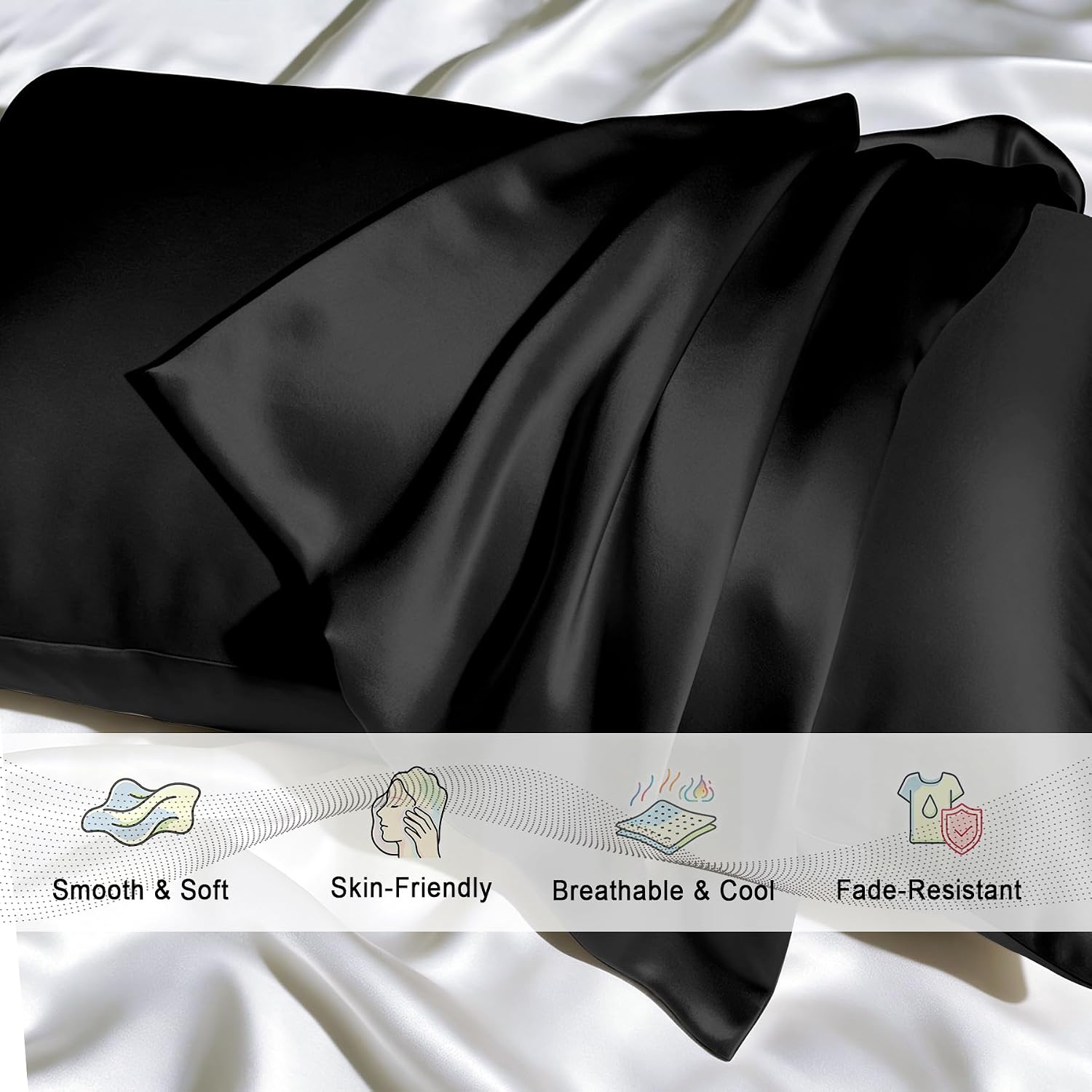 Detalle de Gabire Mulberry Silk Pillow Cases (Set of 2) with Hidden Zipper, Black, Standard 20"×26