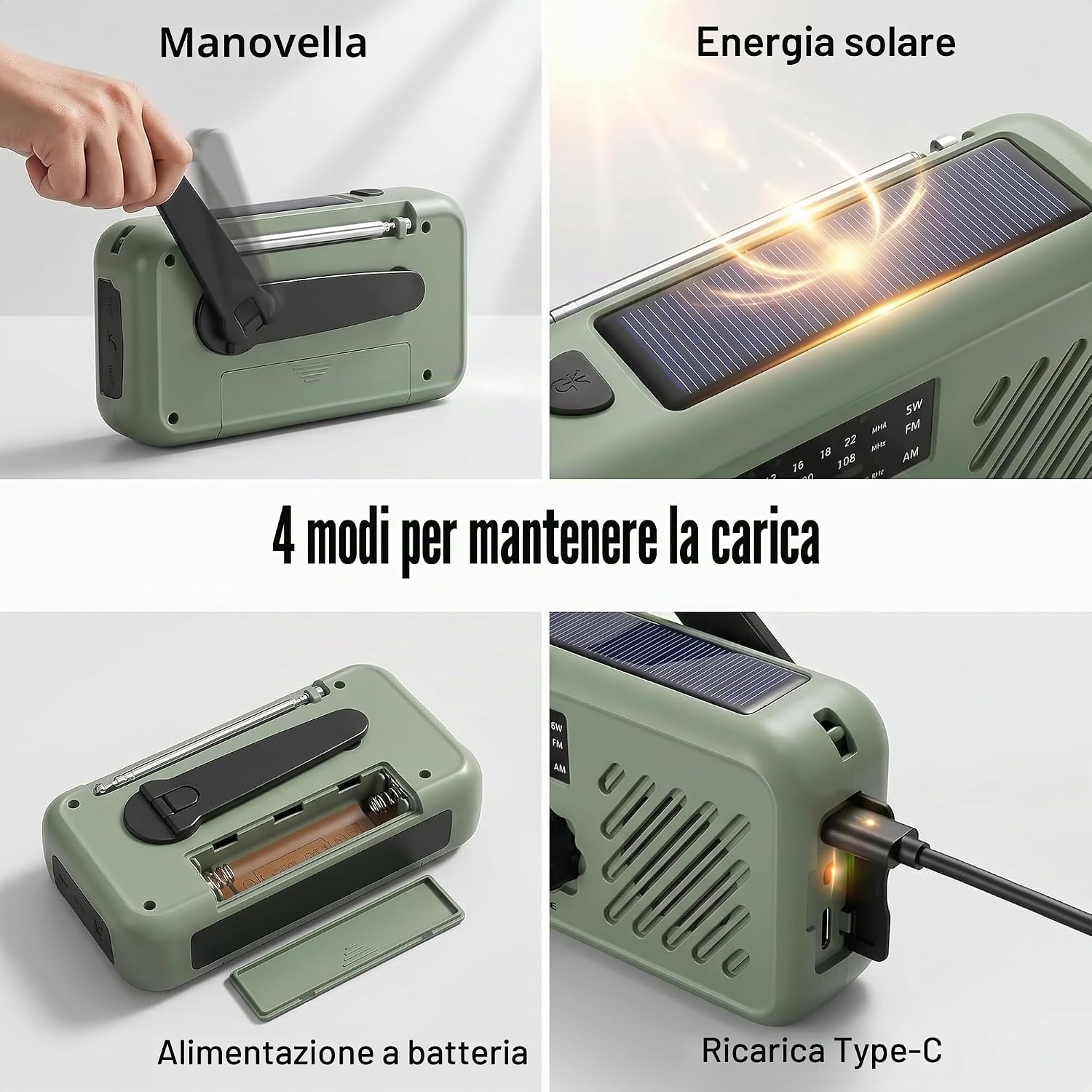 Thumbnail 3 de Radio di emergenza portatile con alimentazione solare e manovella: 2000 mAh, allarme SOS e torcia 3W