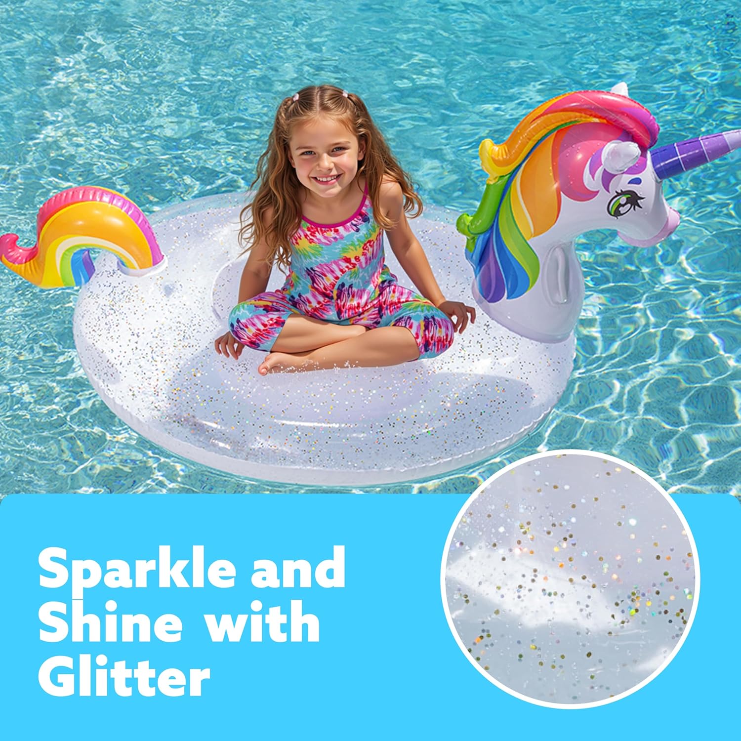 Detalle de JOYIN Kids Unicorn Pool Float (152.4 x 75 x 85cm) with Sparkly Glitters