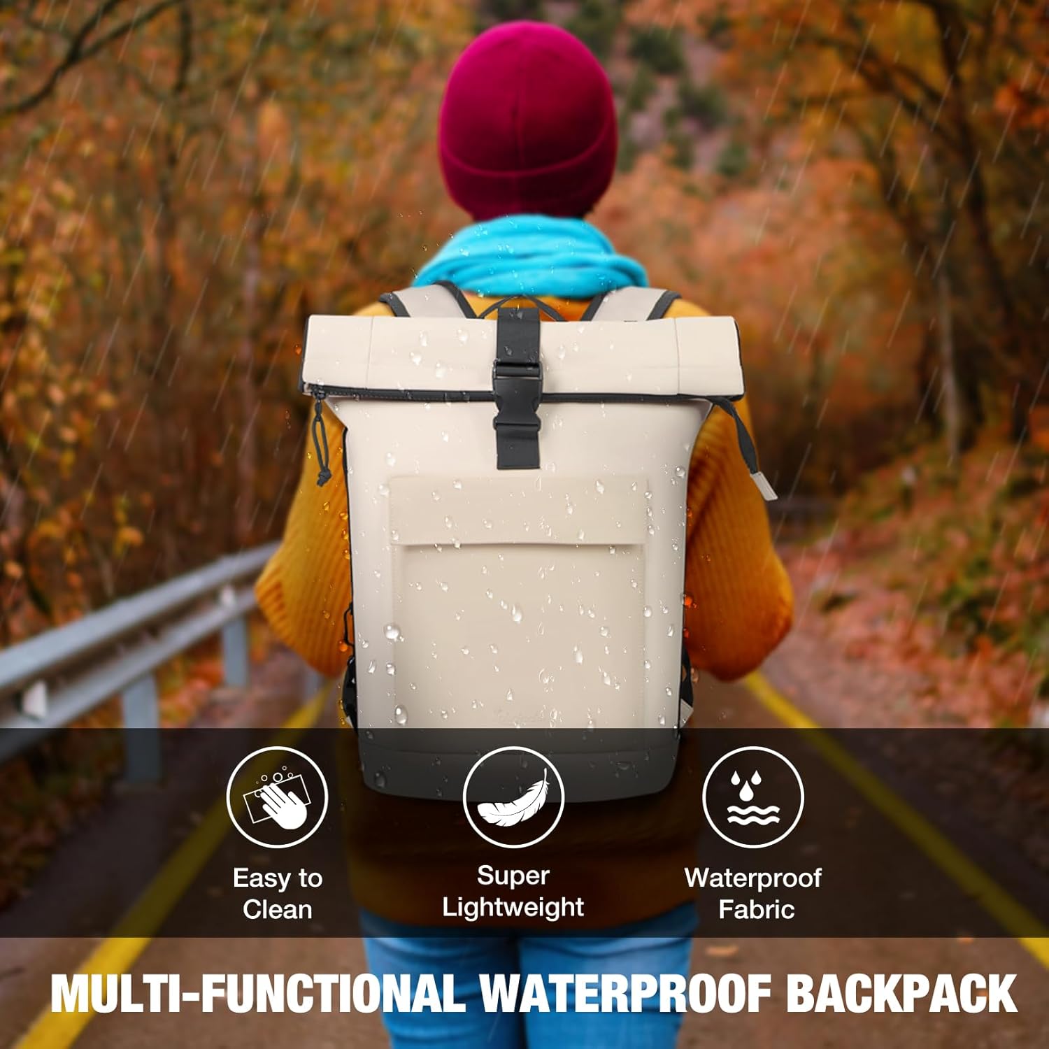 Thumbnail 6 de Lekeinchi Rolltop Rucksack – Wagendurchlässiger Rucksack mit 17 Zoll Laptopfach, 16–20 L, wetterfest, Uni/Arbeits- und Reiserucksack (Beige/Khaki)